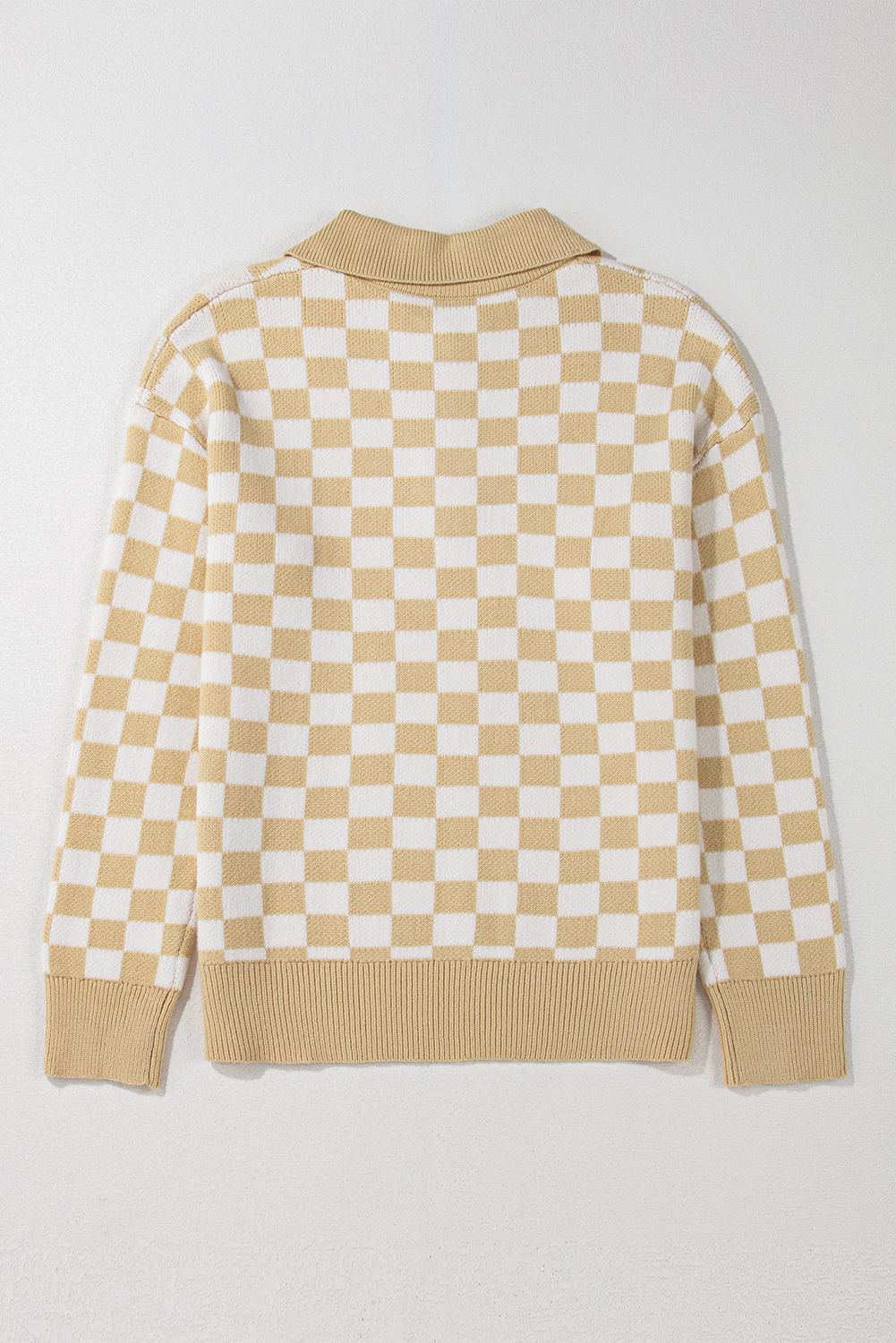 Pink Checkered Buttons Collar V Neck Drop Shoulder Sweater