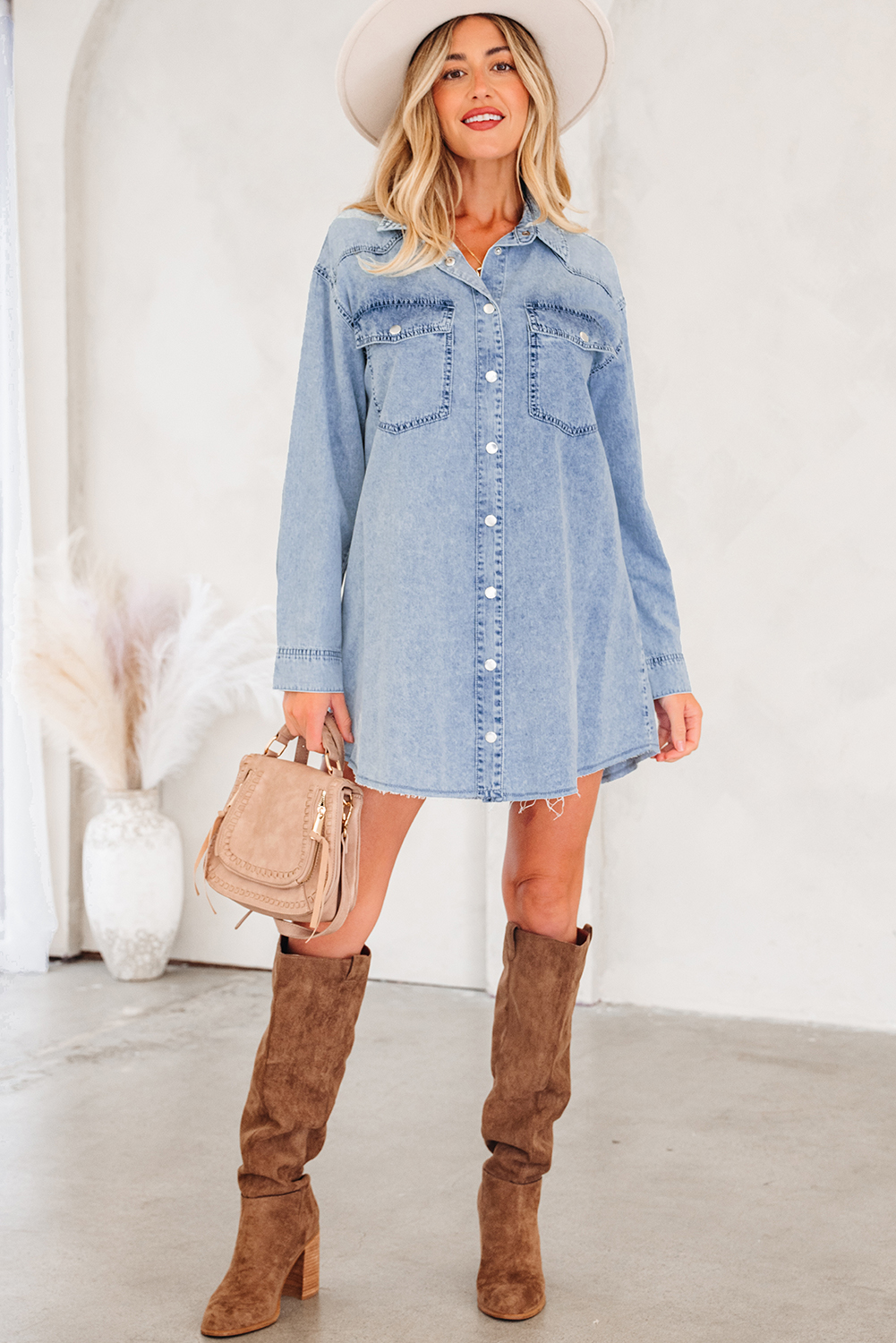 Blue Beau Chest Pocket Raw Hem Denim Loose Shirt Dress