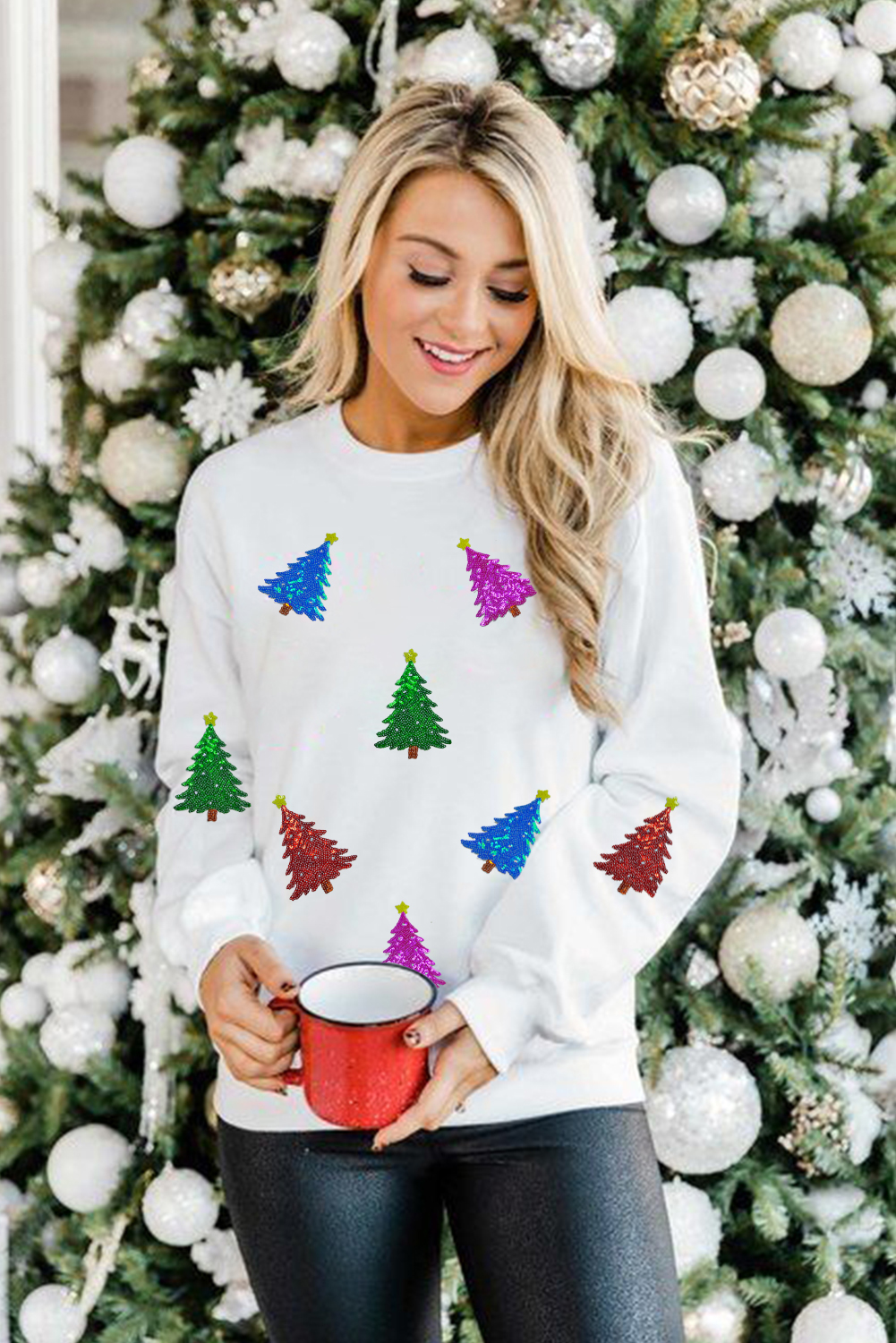 White Shiny Christmas Tree Patched Patterned Festive Sweatshirt