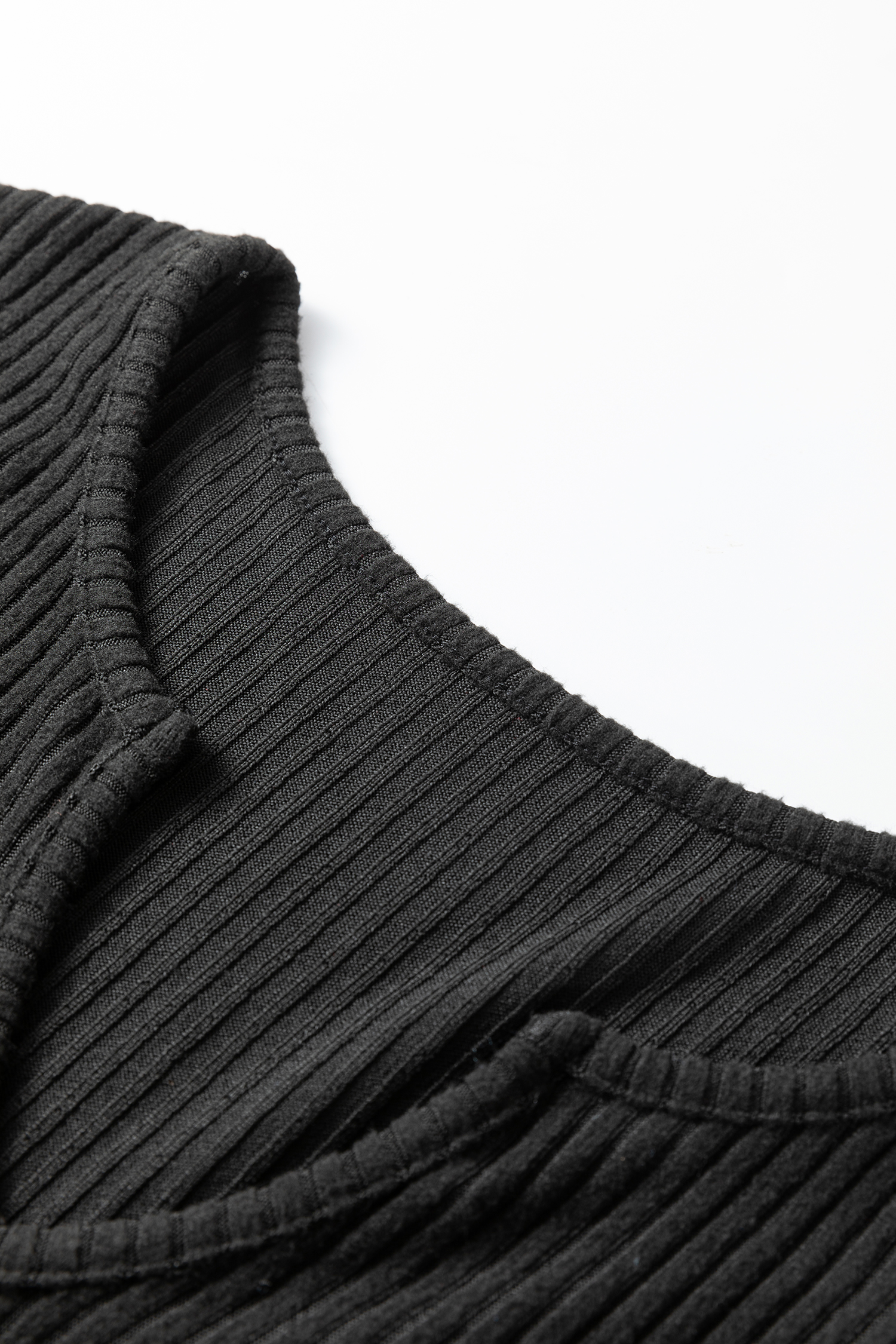 Black Ribbed Notched Neck Knit Long Sleeve Leggings Two Pieces Lounge Set