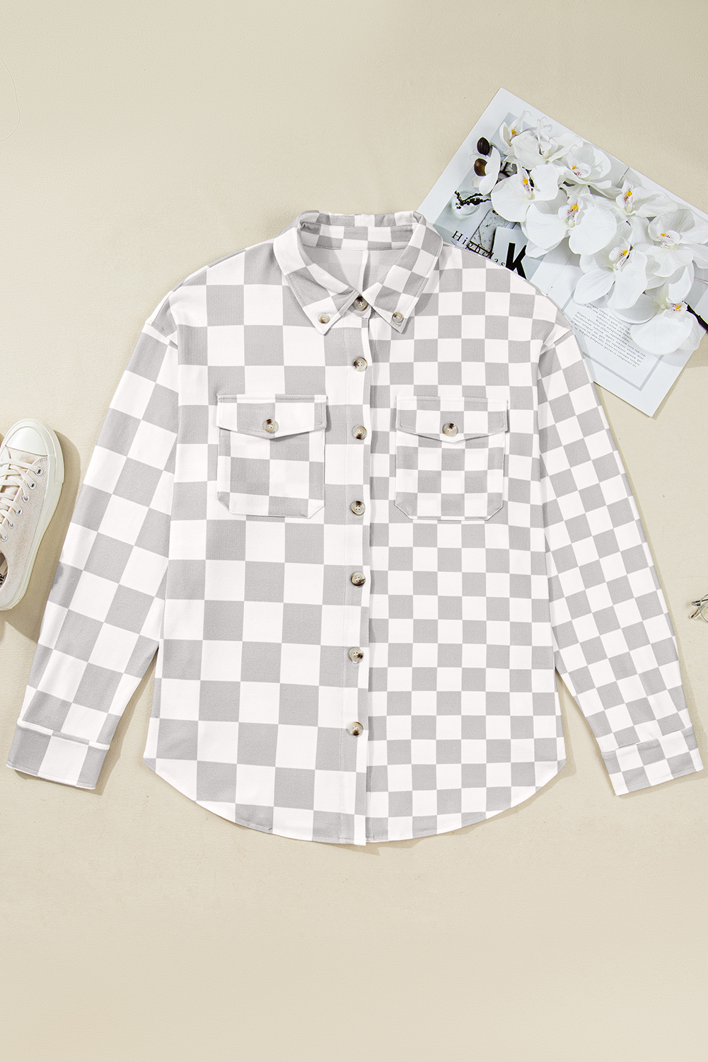 Khaki Checkerboard Flap Pocket Button Front Shacket
