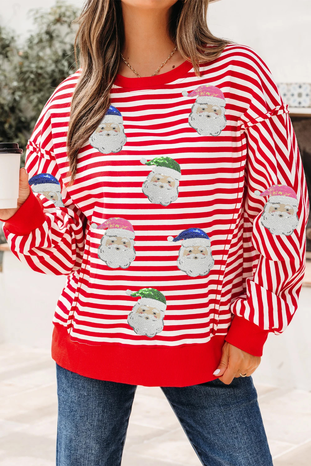 Red Stripe Sequin Santa Round Neck Raw Seam Detail Christmas Long Sleeve Top