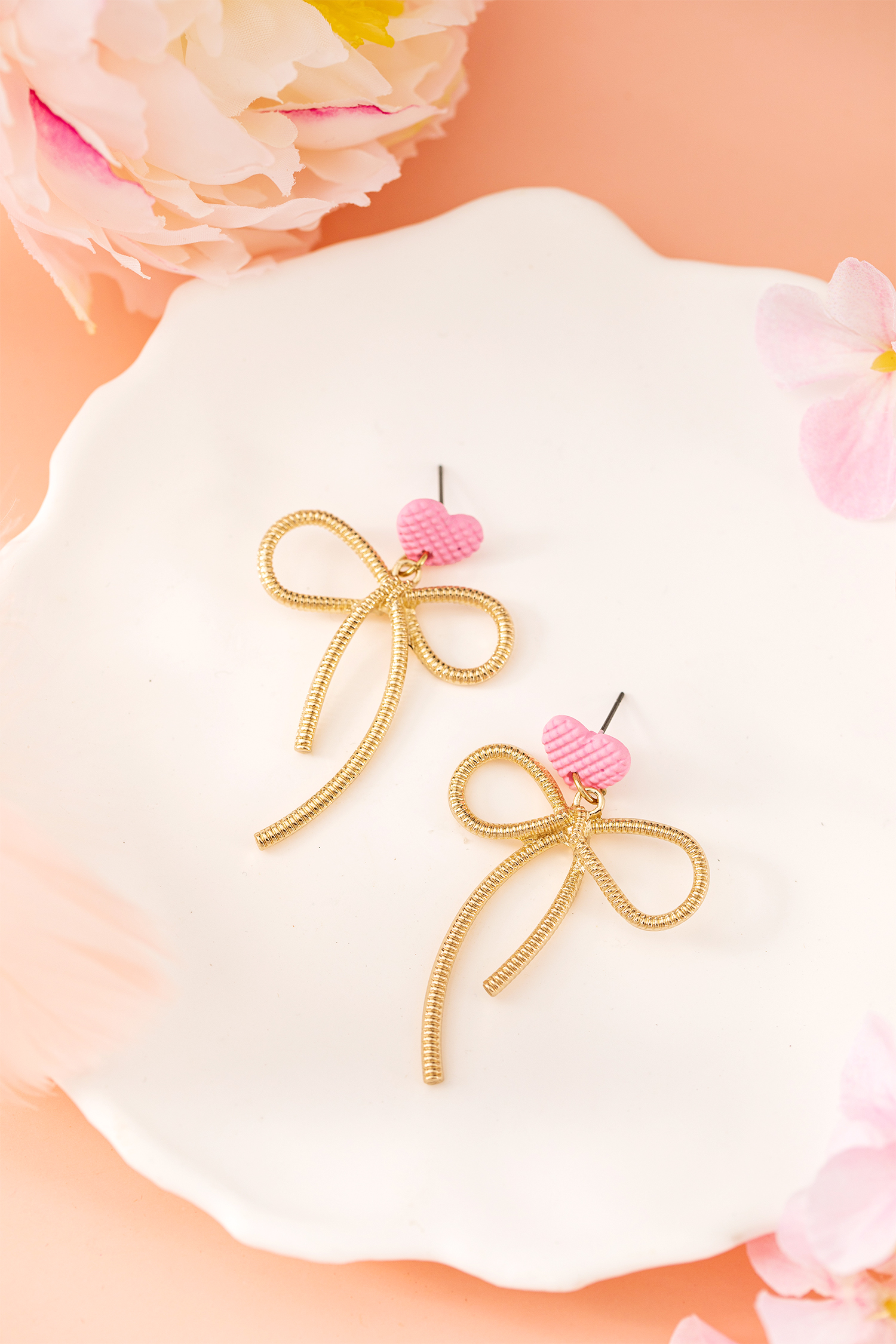 Pink Waffled Heart Stud Gold Plated Bow Dangle Earrings