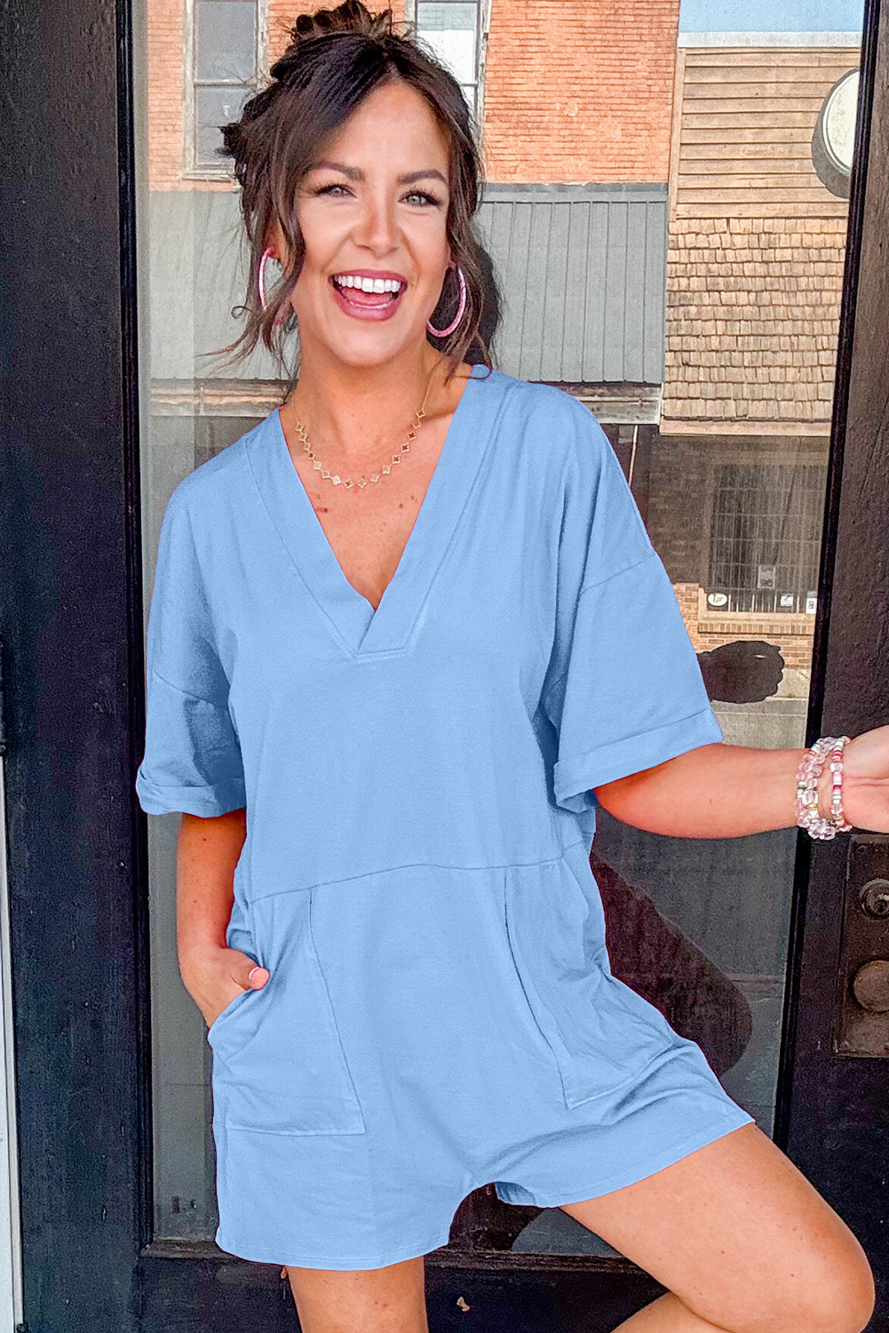 Bonbon Loose Half Sleeve V Neck Knit Romper