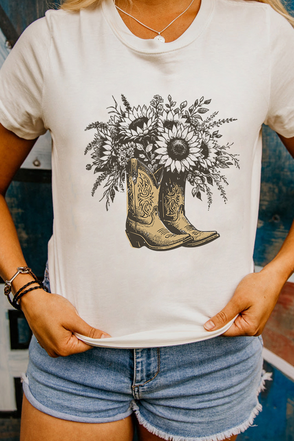 White Sunflower Cowgirl Boots Cotton Blend Graphic Tee