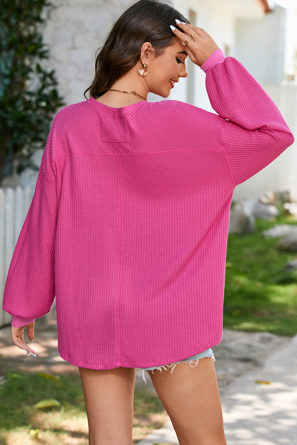 Light Pink Waffle V Neck Long Sleeve Drop Shoulder Loose Blouse