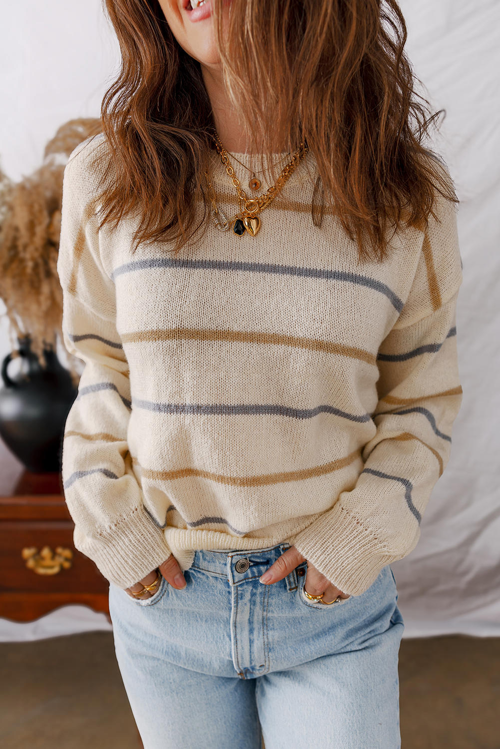 Multicolour Striped Buttoned Front V Neck Drop Shoulder Cardigan Sweater