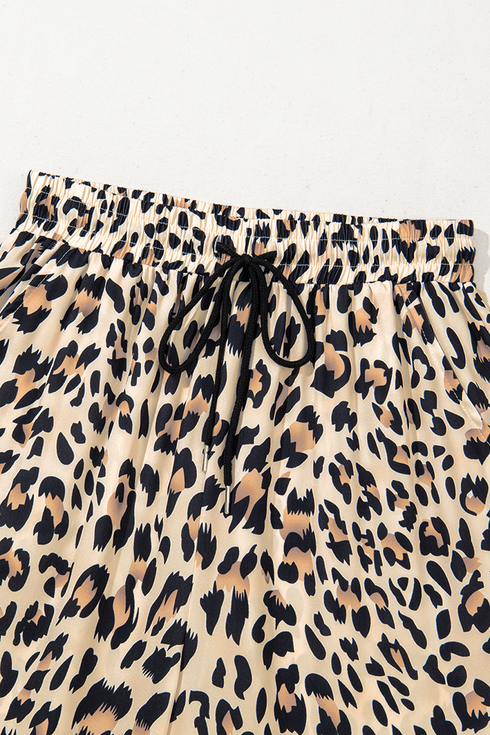 Parchment Leopard Drawstring Elastic Waistband Flowy Wide Leg Pants