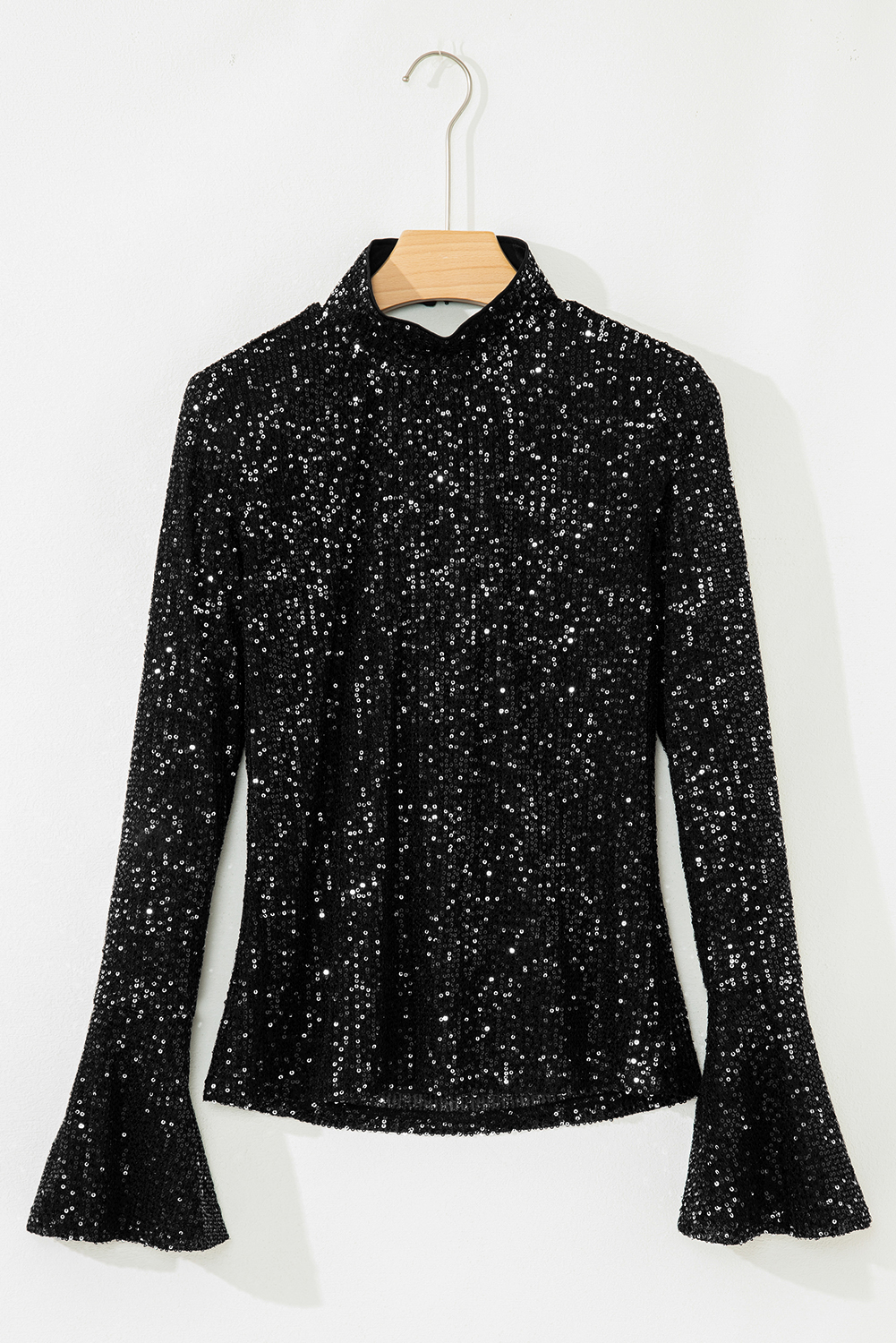 Jet Stream Sequin Mock Neck Drape Open Back Bell Sleeve Top