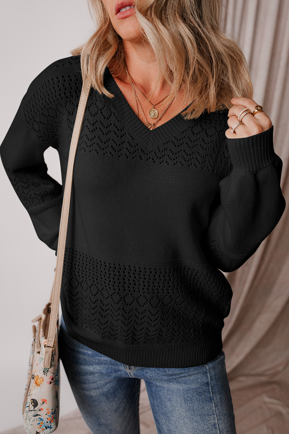 Sky Blue Eyelet Pattern Detail V Neck Drop Shoulder Sweater