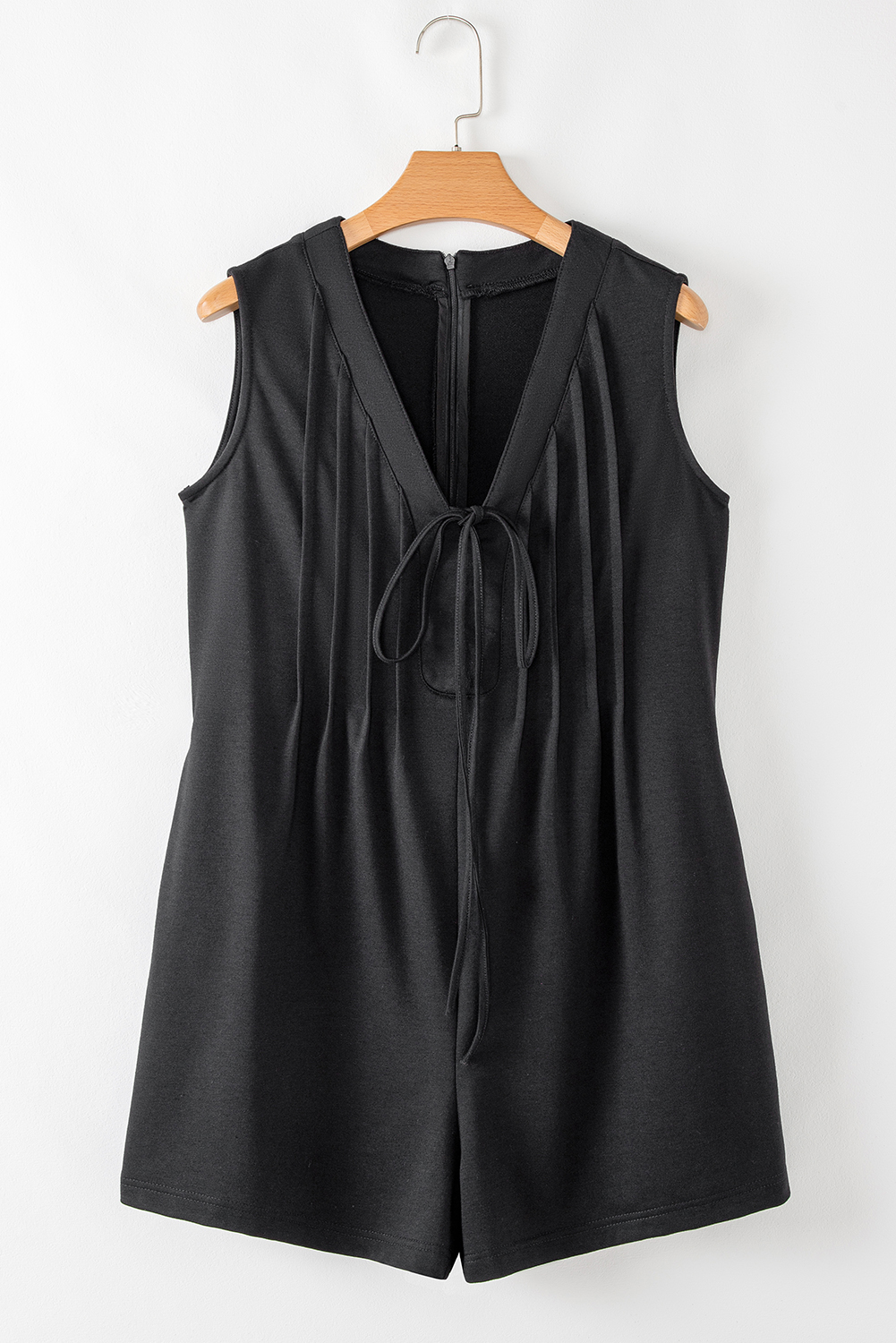 Smoke Green Tie V Neck Pintuck Sleeveless Loose Romper