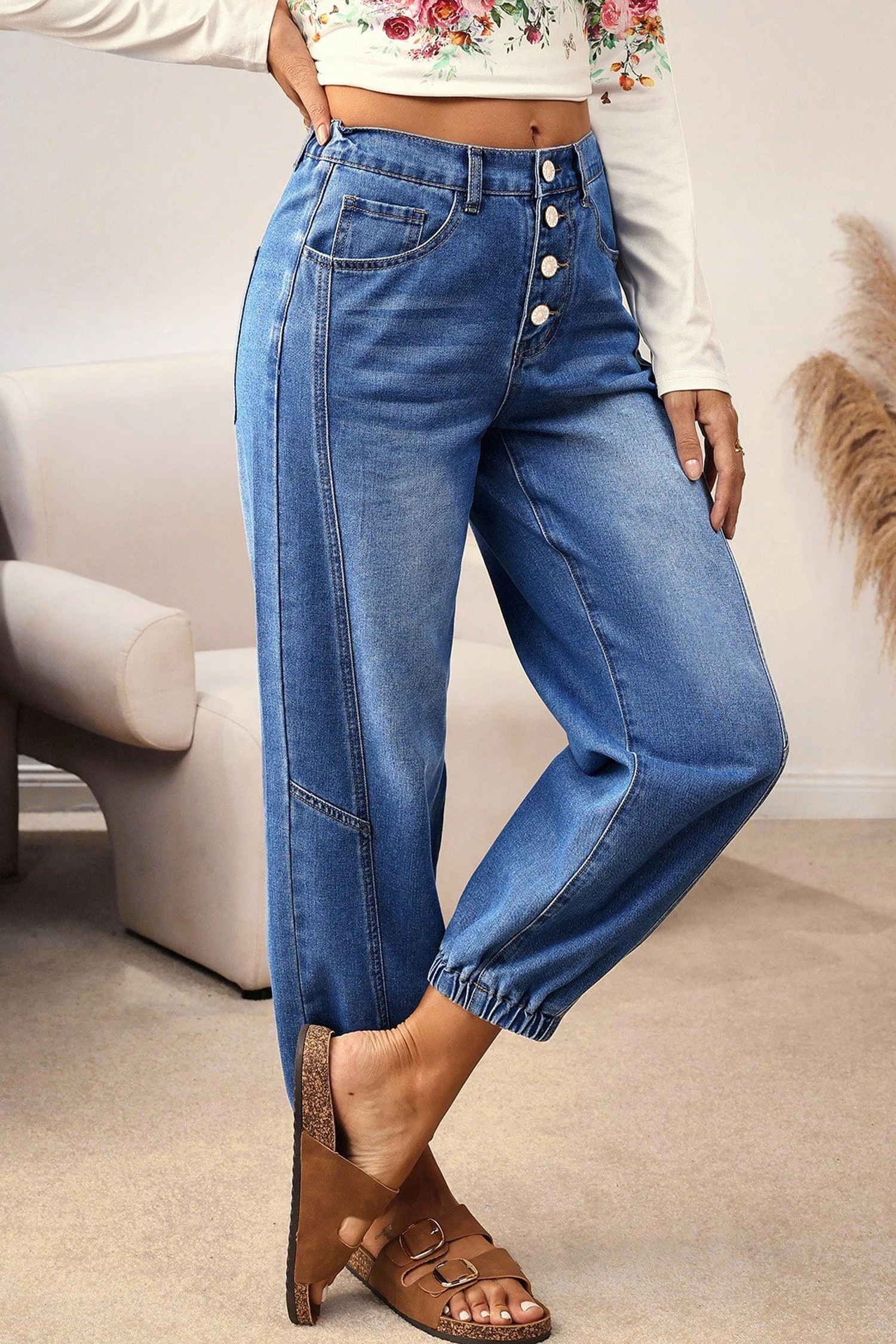 Dusk Blue Loose Straight Leg Cropped High Waist Jeans