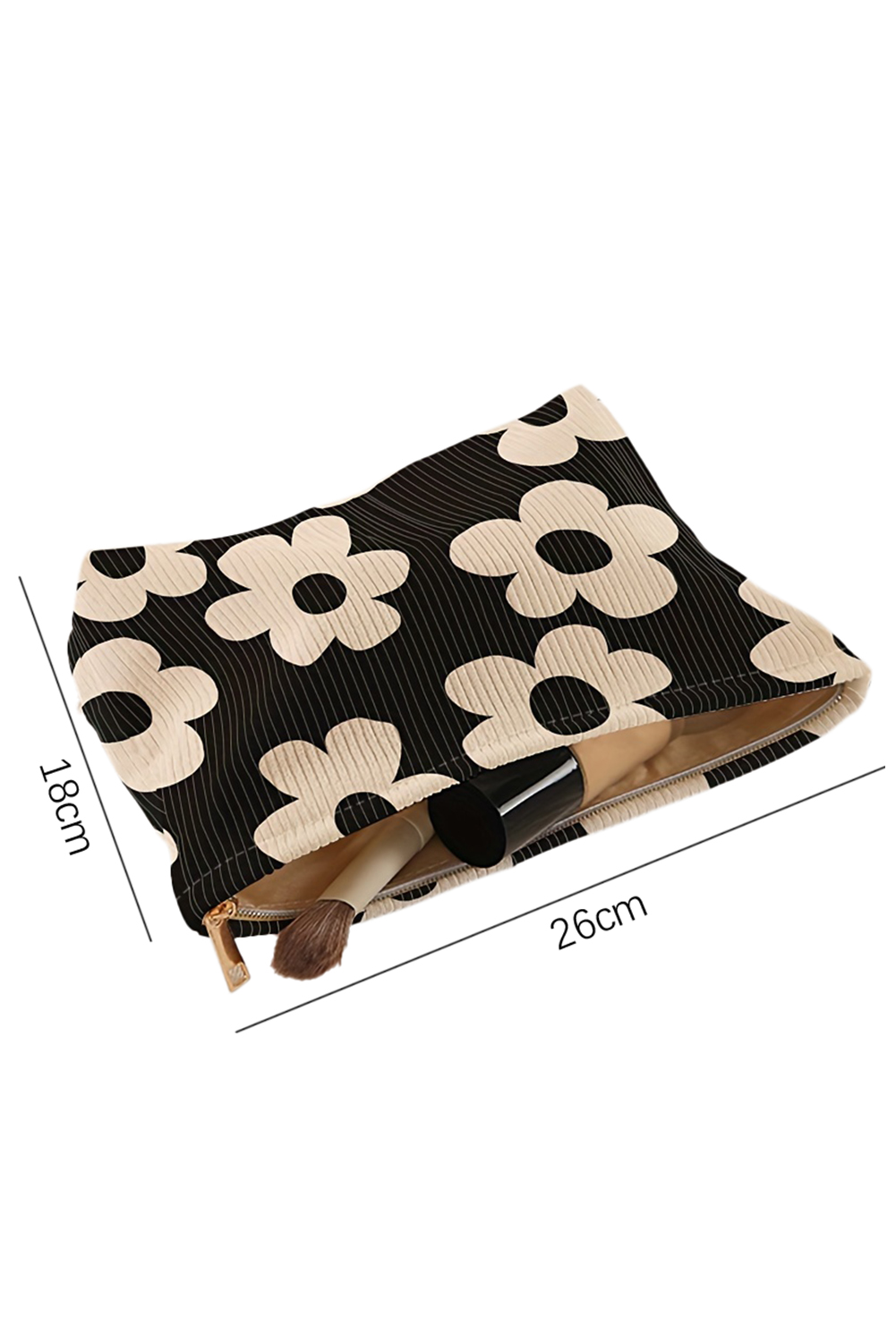 Red Flower Printed Rib Textured Cosmetic Bag