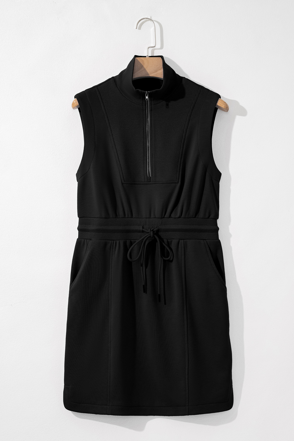 Black French Terry Zipped Collar Sleeveless Drawstring Waist Mini Dress