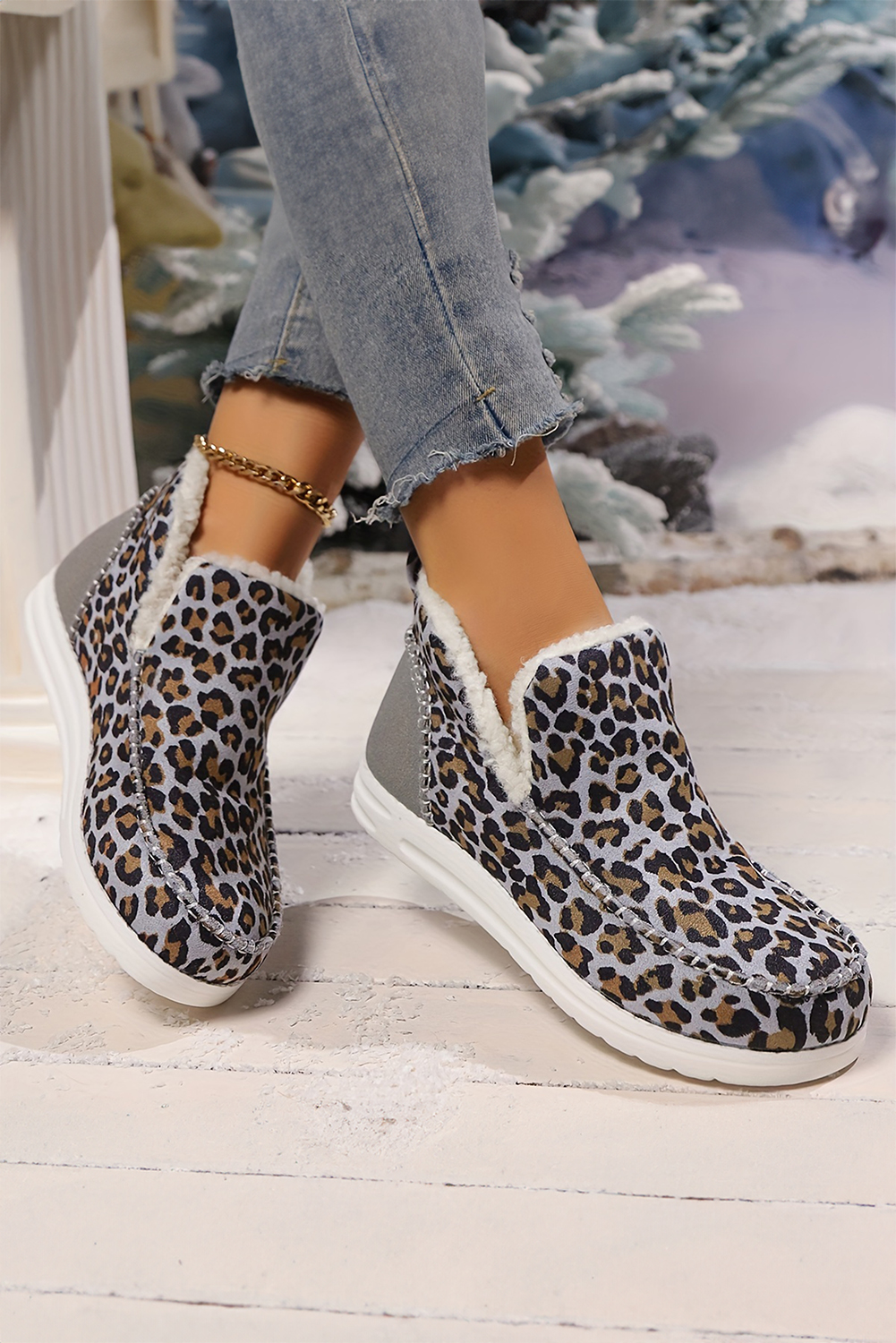 Brown Leopard Print Ankle Patched Flat Winter Fur Boots