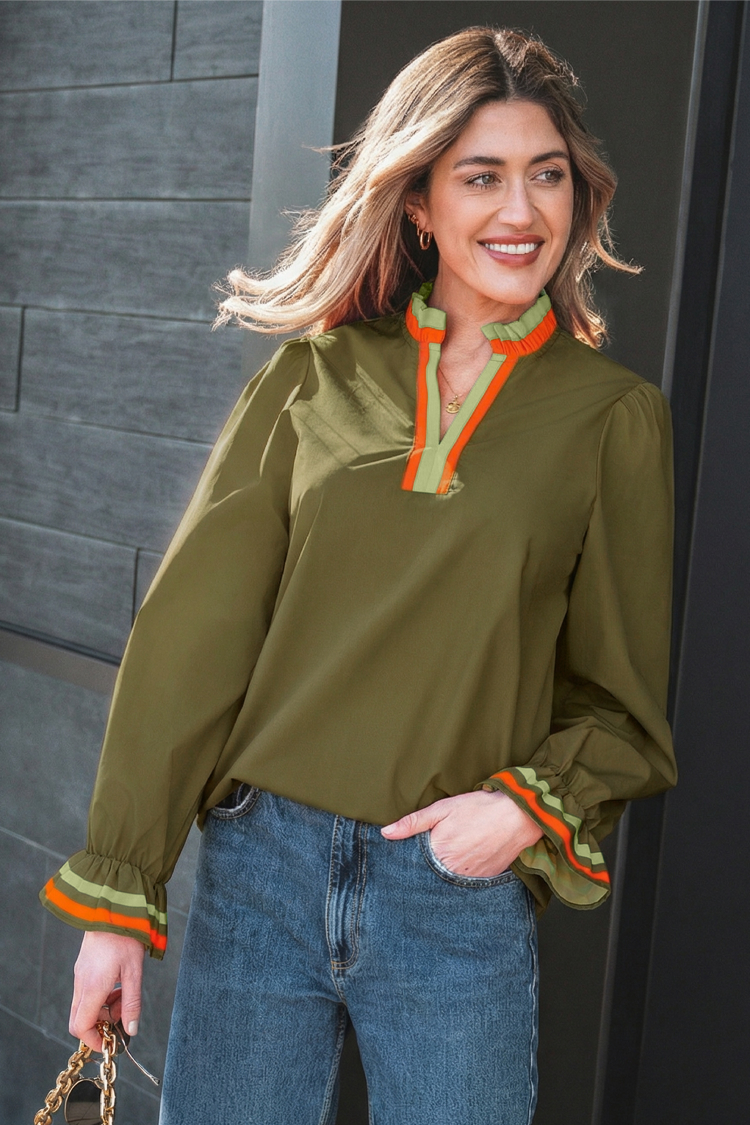 Four Leaf Clover Striped Trim Ruffle Split Neck Long Sleeve Blouse