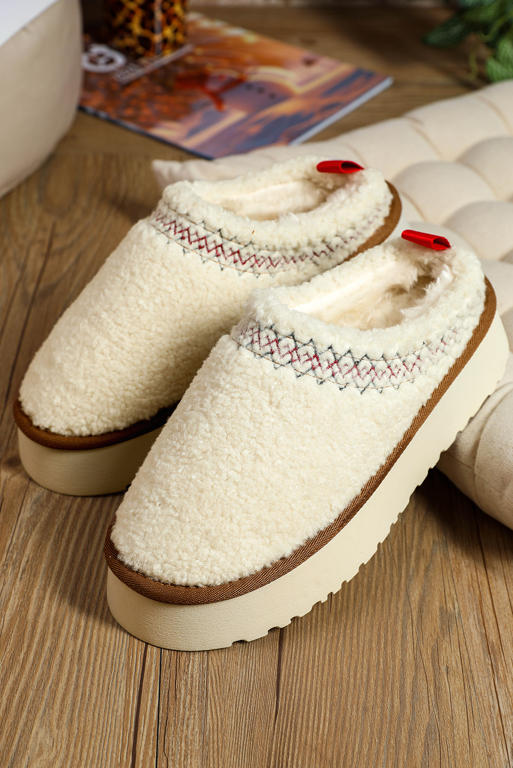 Oatmeal Embroidered Sherpa Plush Thick Sole Snow Boots