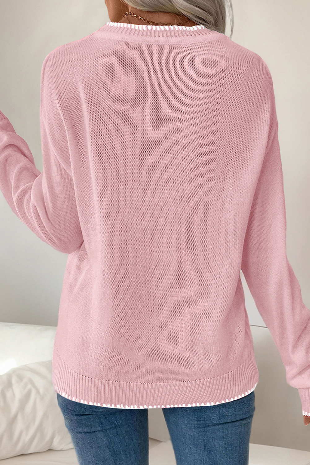 White Bow Pattern Contrast Trim Christmas Loose Graphic Sweater
