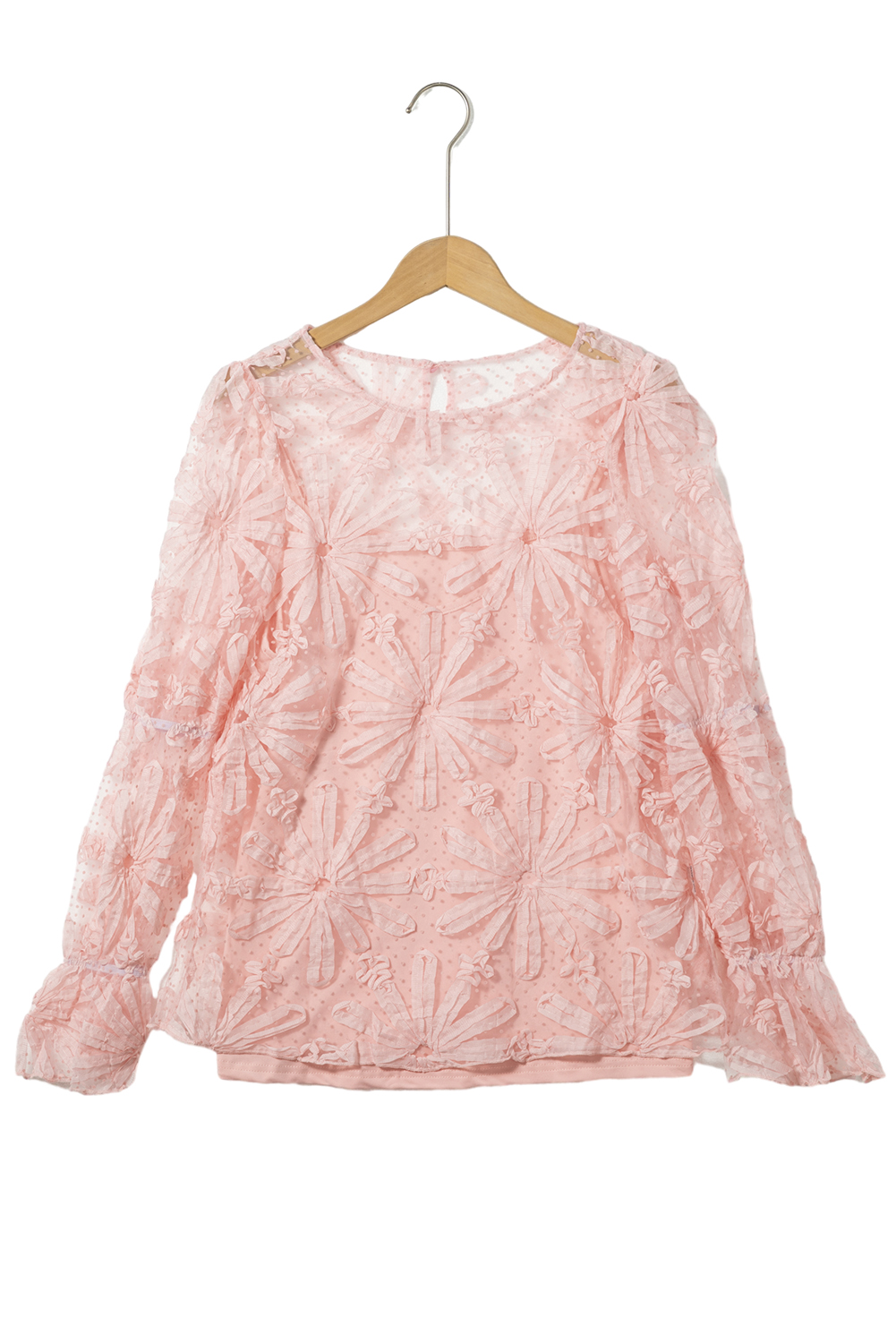Pink Flower Dotted Ruffled Sleeve Mesh Top