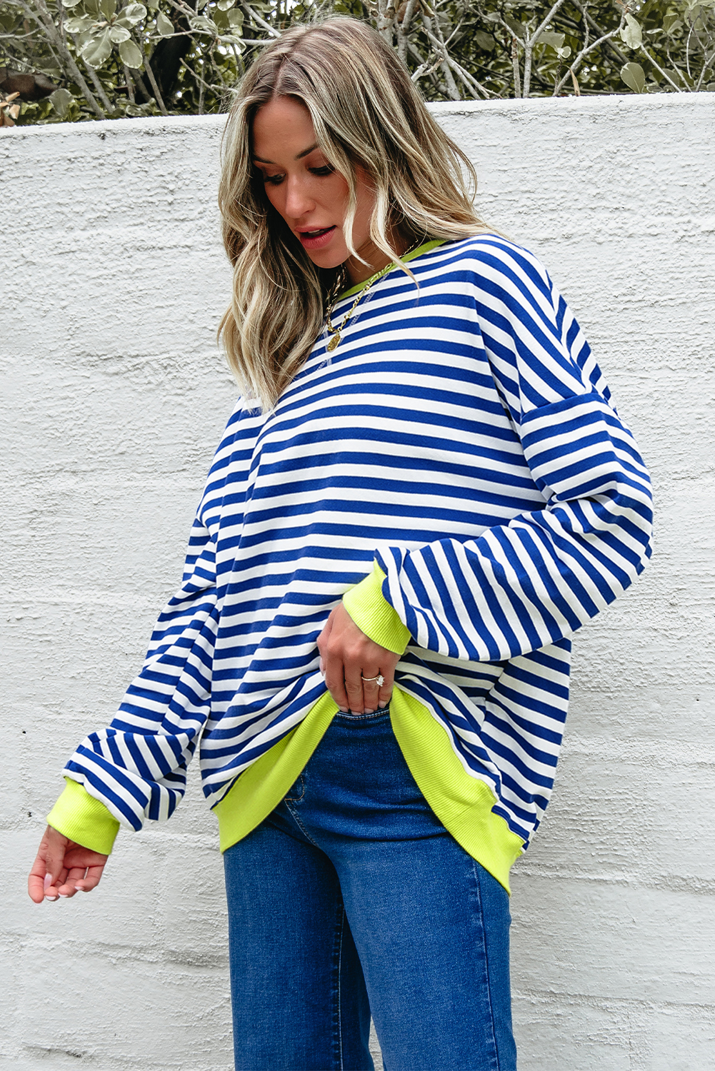 Red Stripe Contrast Ribbed Trim Crossed Stitch Drop Shoulder Sweatshirt