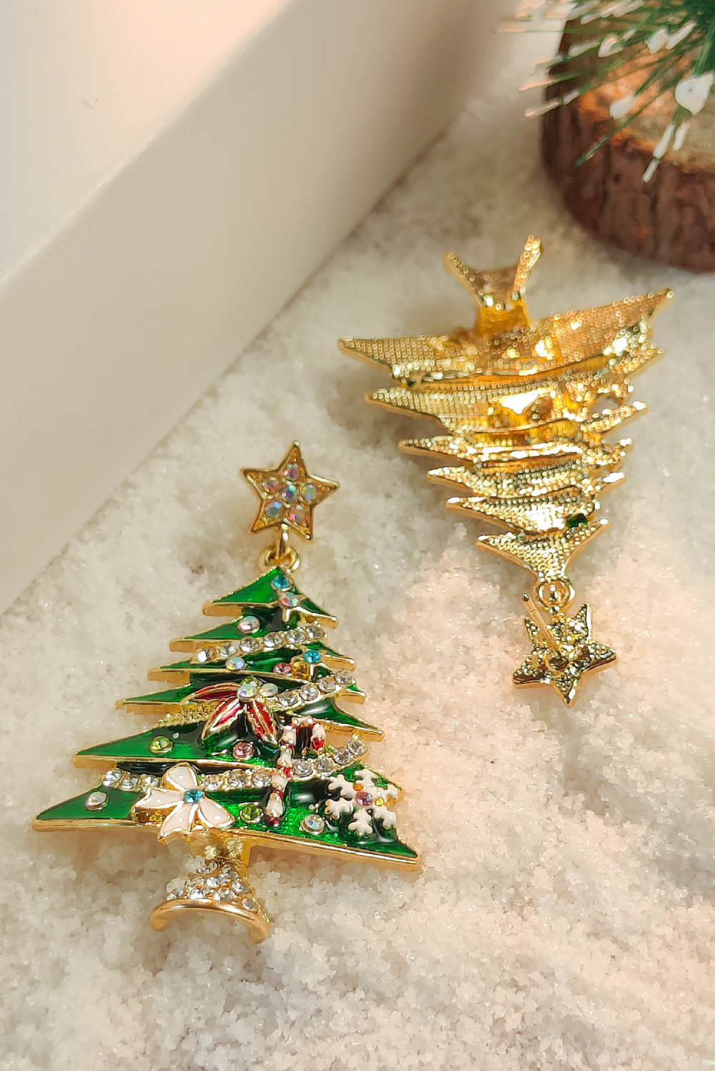 Bright Green Rhinestone Embellished Star Christmas Tree Earrings