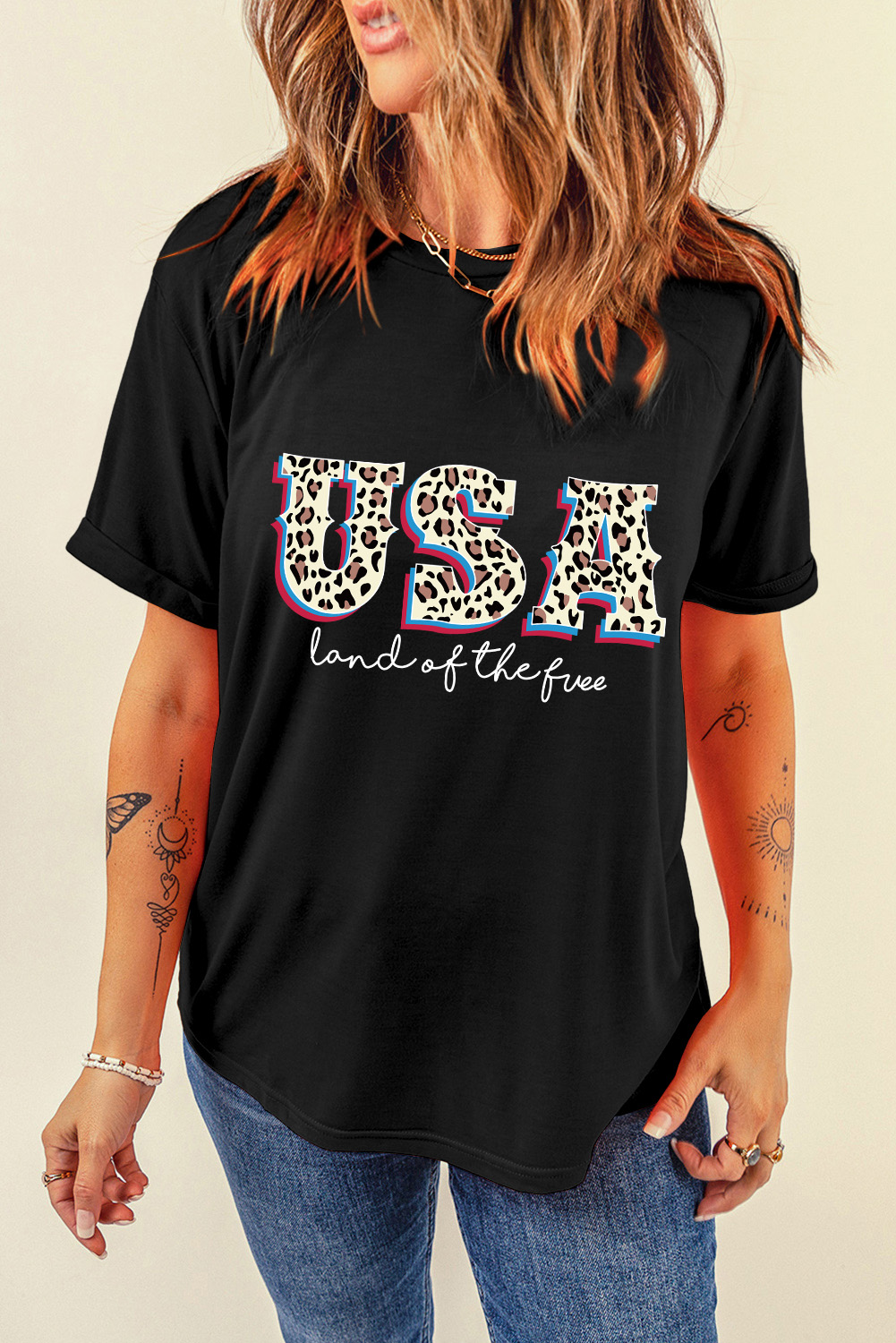 Gray Blooming USA Flag Print Casual T Shirt