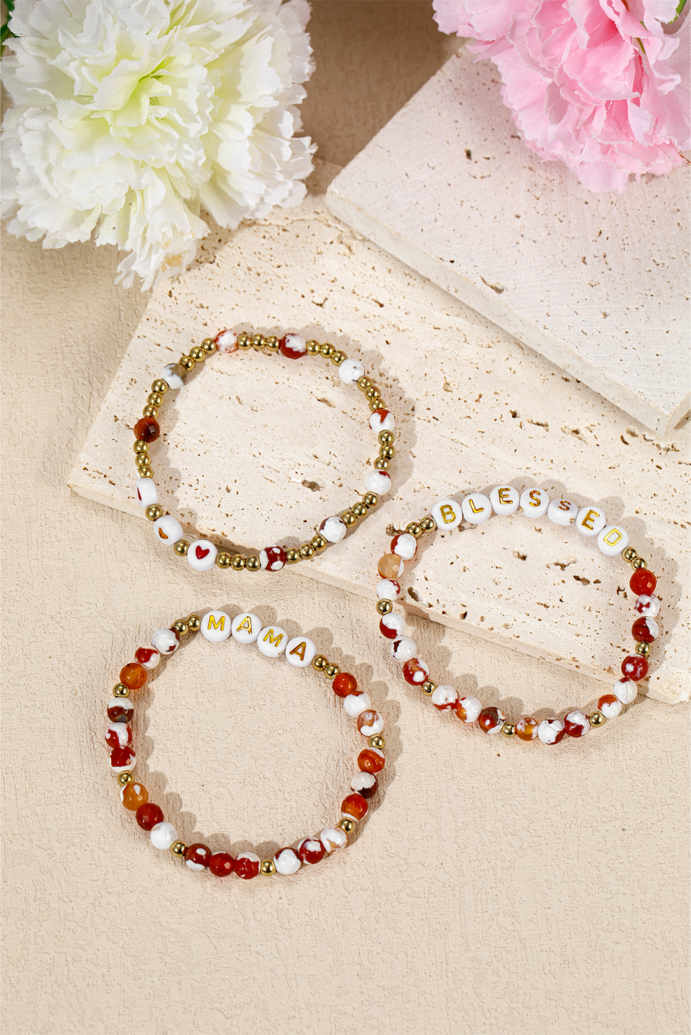 Gold MAMA Beaded Triple Layer Bracelet Set