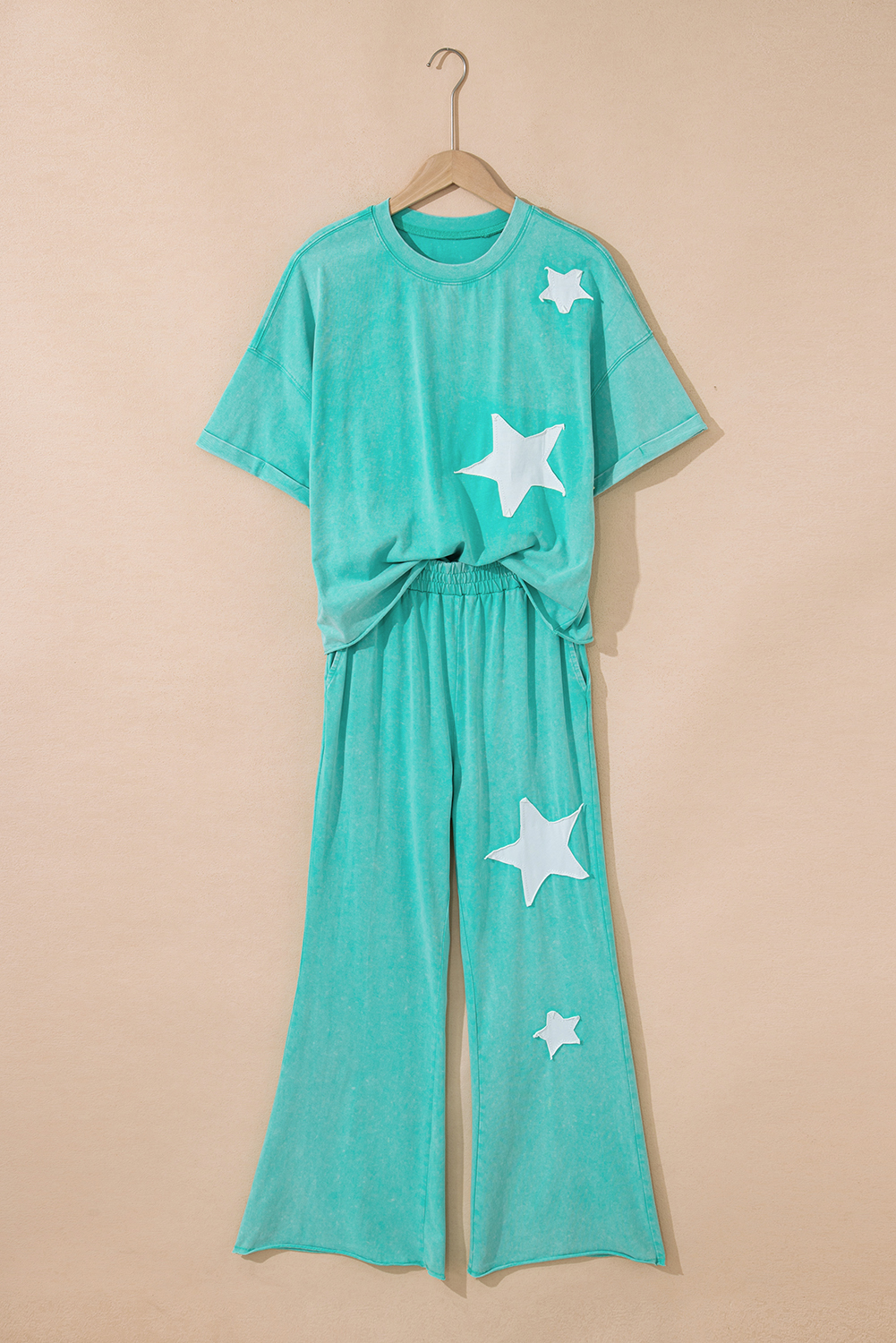 Light Pink Acid Wash Star Patched Rolled Trim Pants Set
