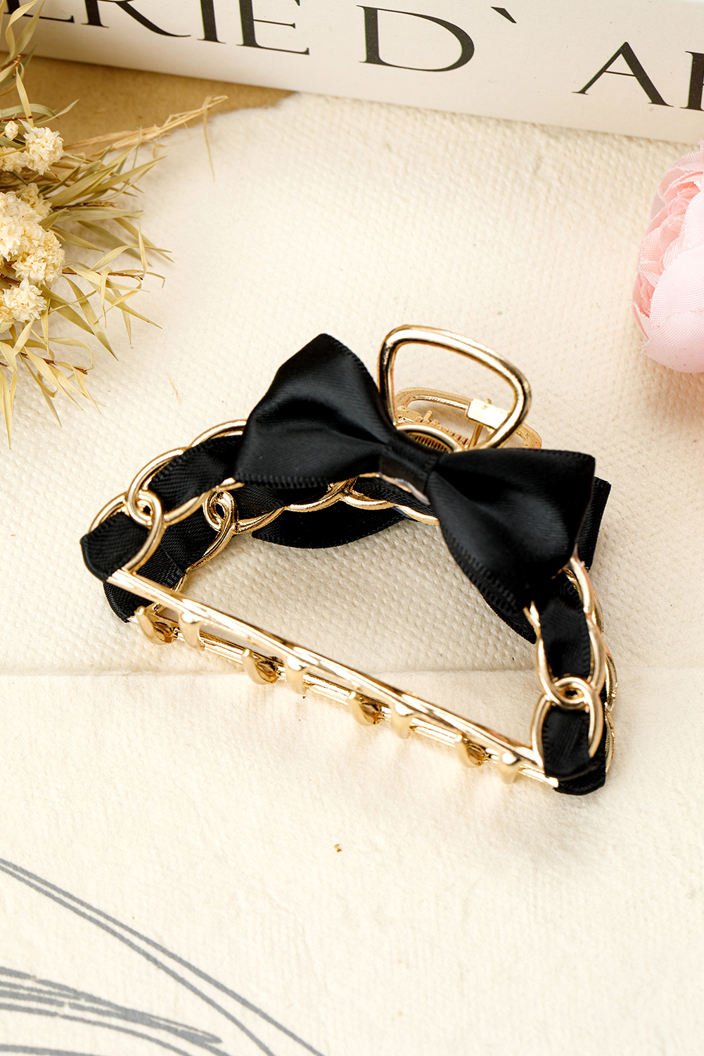 Black Ribbon Bow Detail Contrast Alloy Hair Claw Clip