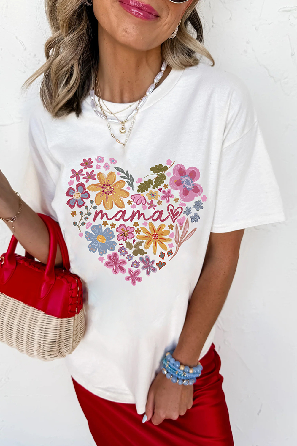 White MAMA Flower Heart Cotton Blend Graphic Tee