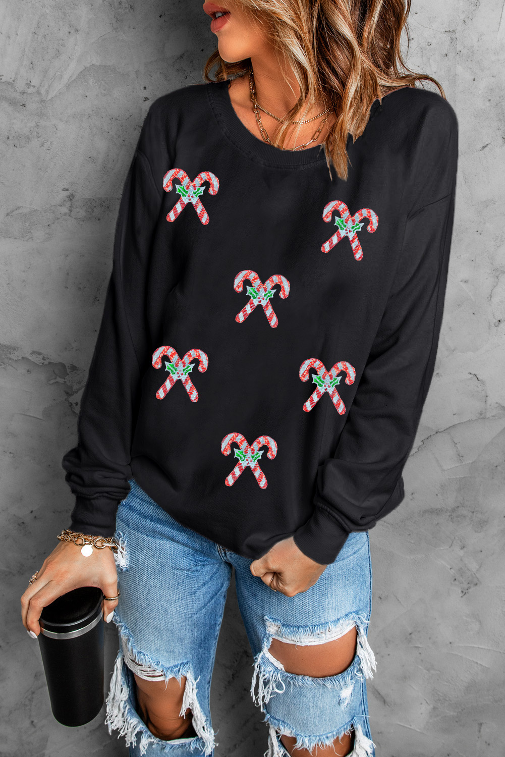 Black Candy Cane Patched Christmas Holiday Sweatshirt