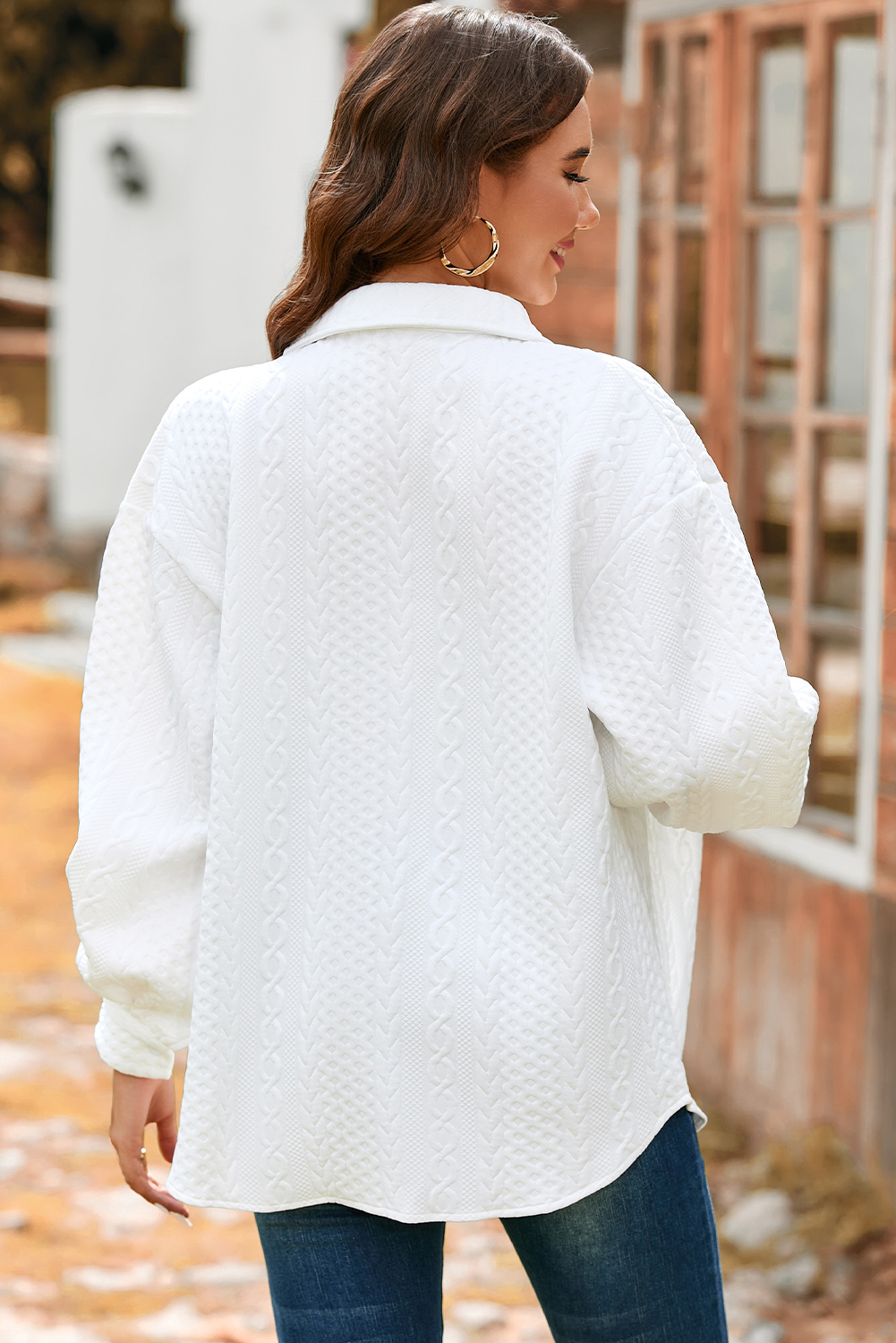 Sepia Rose Cable Texture Puff Sleeve Loose Shacket