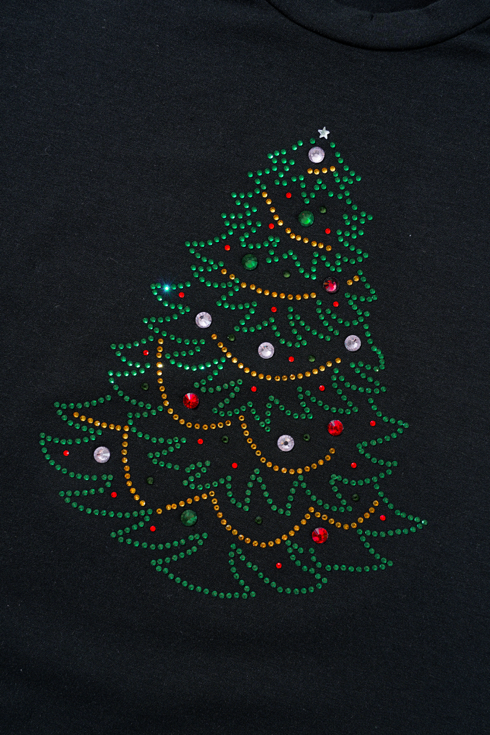 Black Rhinestone Christmas Tree Round Neck Graphic Tee