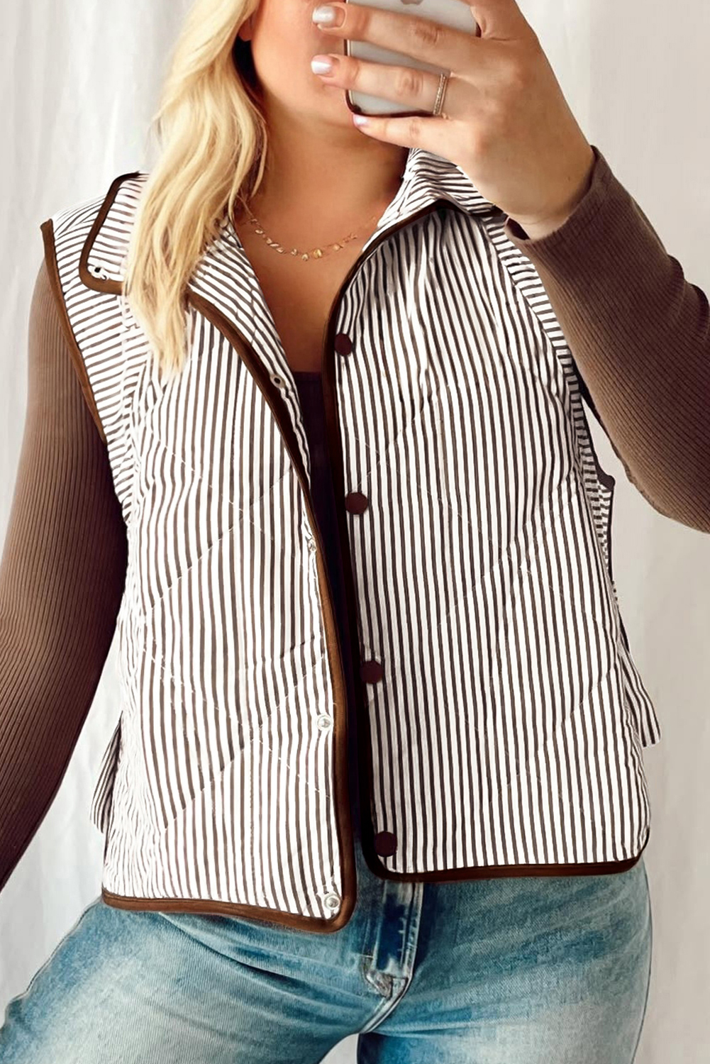 Black Stripe Contrast Trim Snap Button Collared Winter Vest