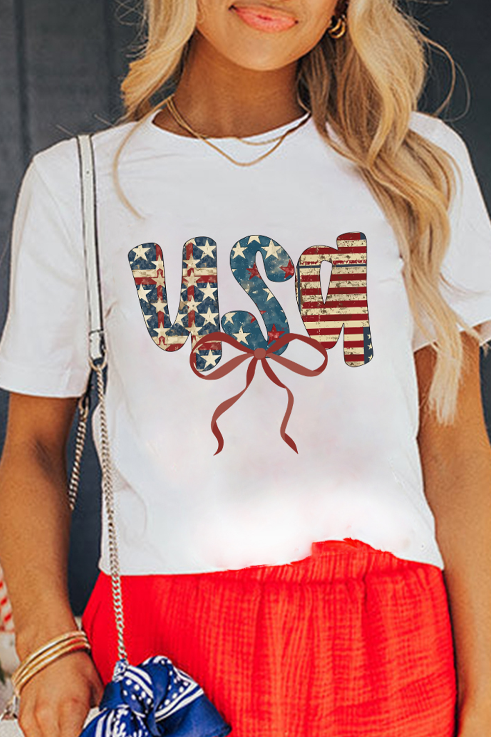 White usa Bow Letter Graphic Independence Day Fashion Tee