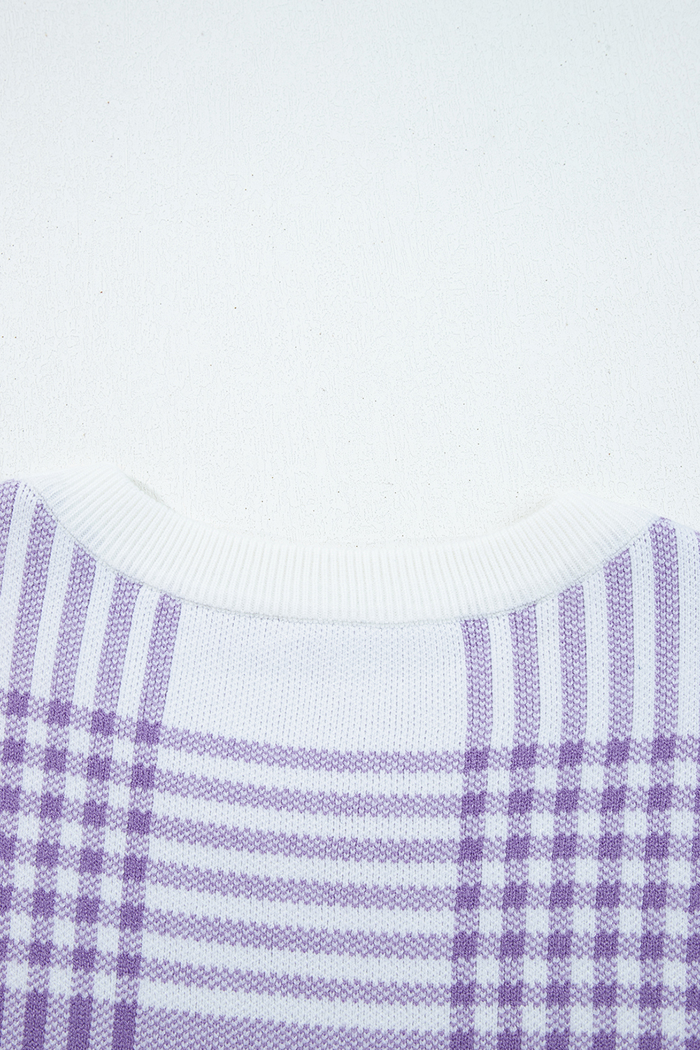 Lilac Plaid Print Ribbed Trim Loose Sweater