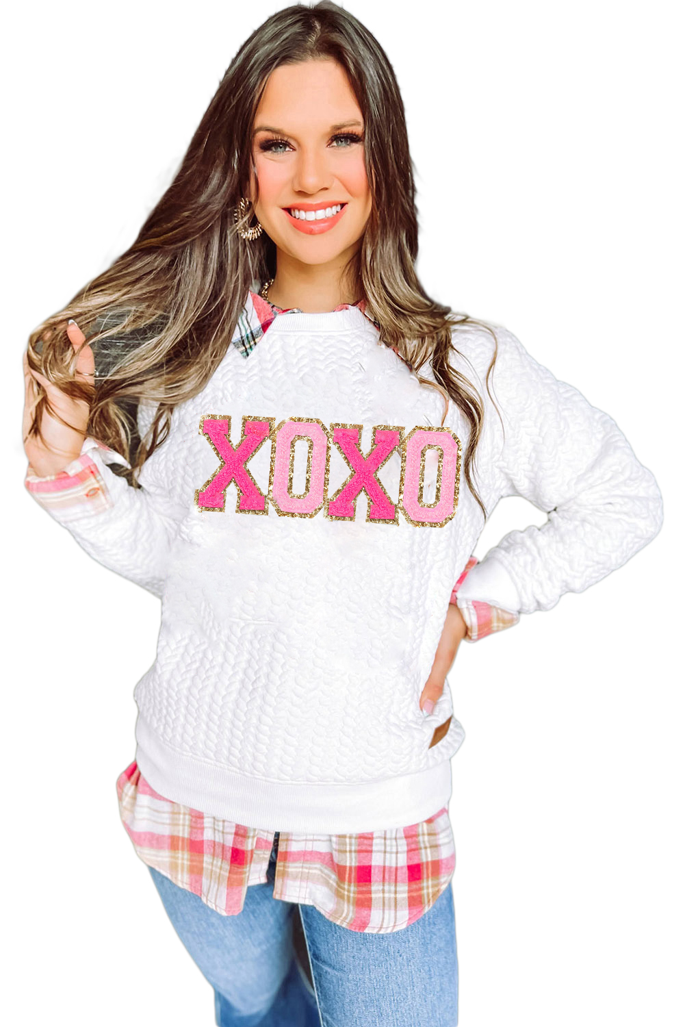 White LOVE Chenille Embroidered Cable Knit Pullover Sweatshirt