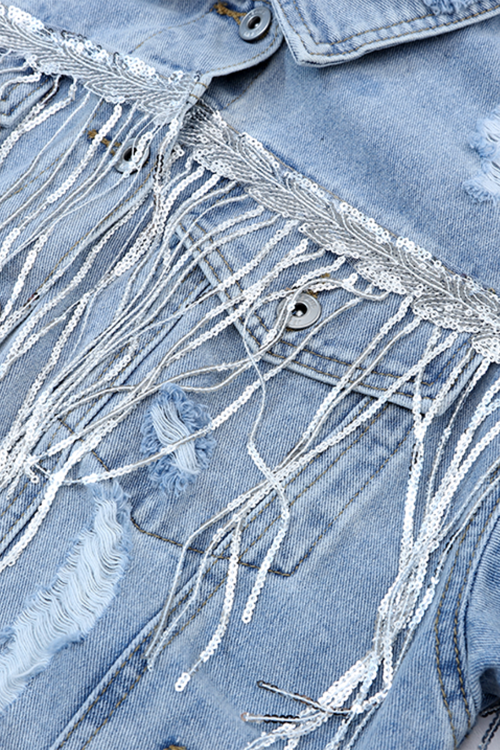 Sky Blue Sequin Embellished Fringe Distressed Denim Jacket