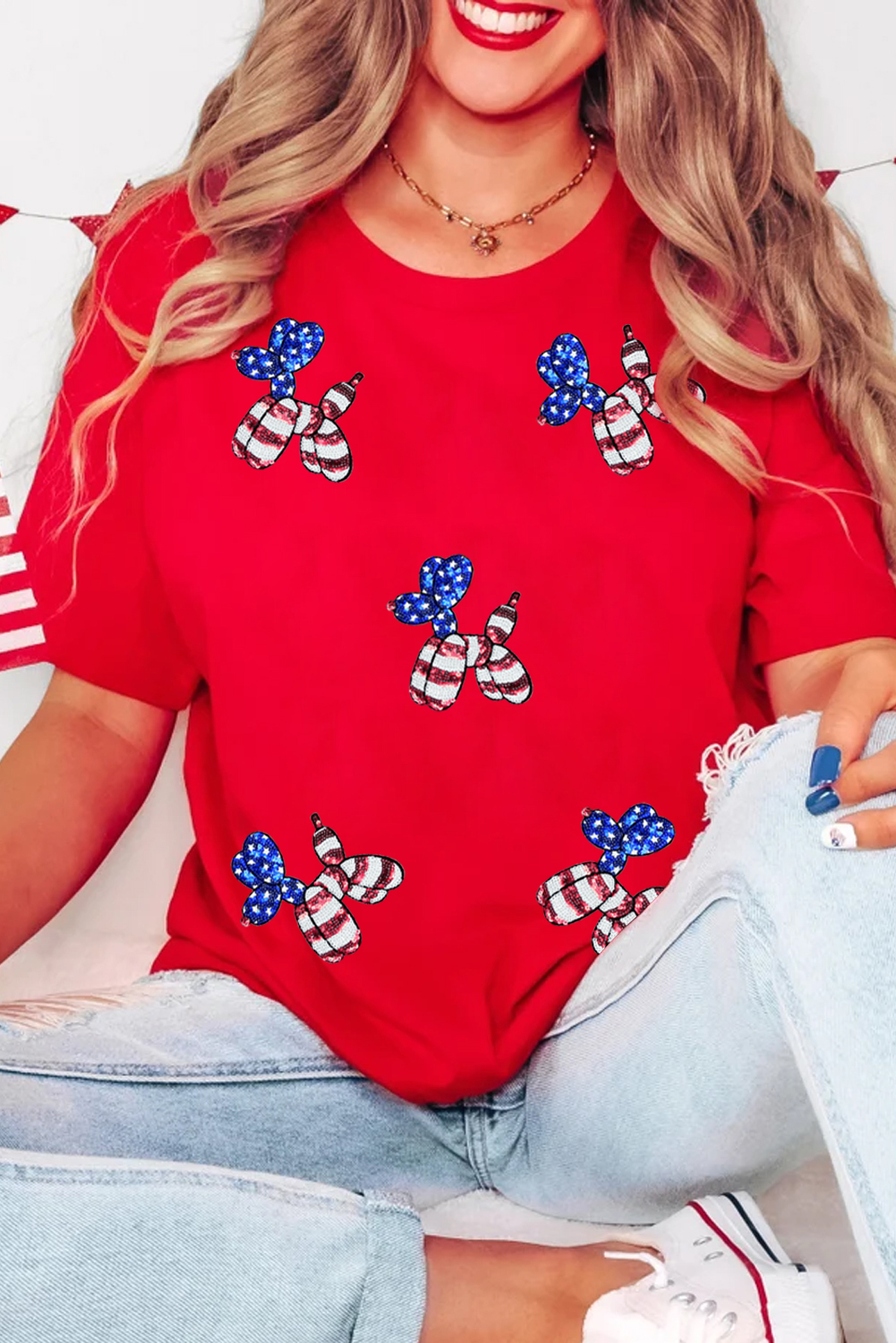 White Sequin Stars and Stripes Balloon Puppy Graphic Crewneck Tee