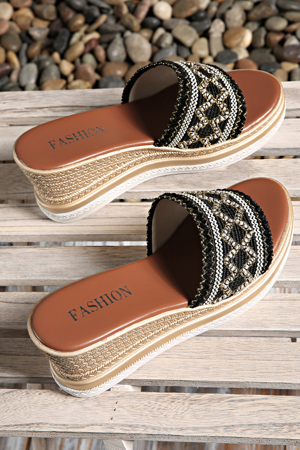 Black Woven Band PU Leather Wedge Slippers