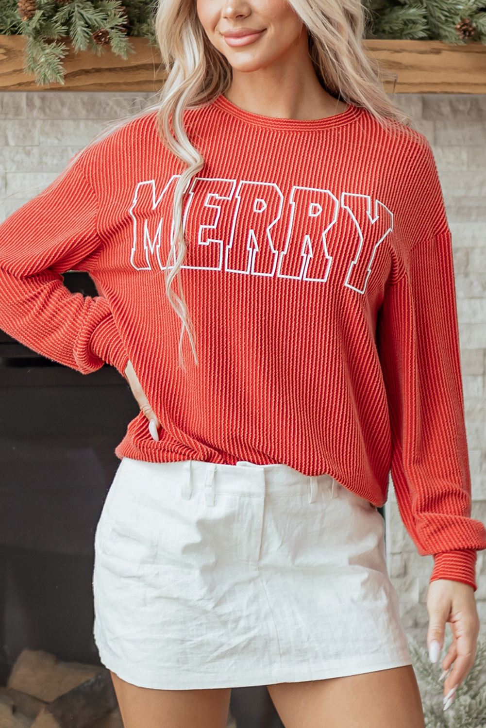 Evergreen Twisted Rib Outlined Merry Letter Graphic Loose Long Sleeve Top