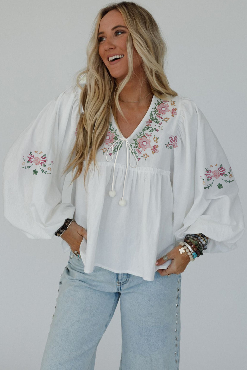 White Flower Print Lace-up V Neck Babydoll Blouse