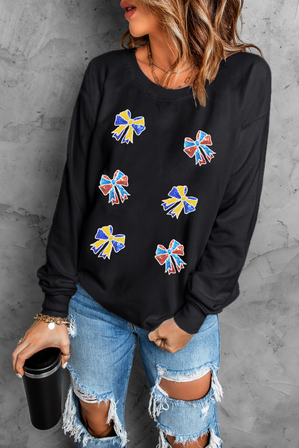 Black Shimmering Bow Patched Pattern Game Day Sweatshirt