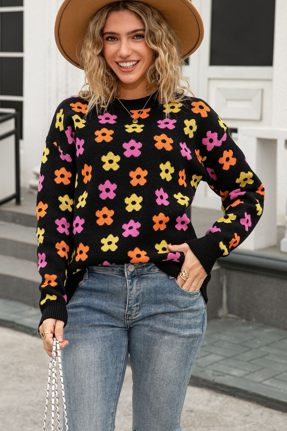 Apricot Cute Flower Allover Ribbed Trimmed Drop Shoulder Pullover Sweater