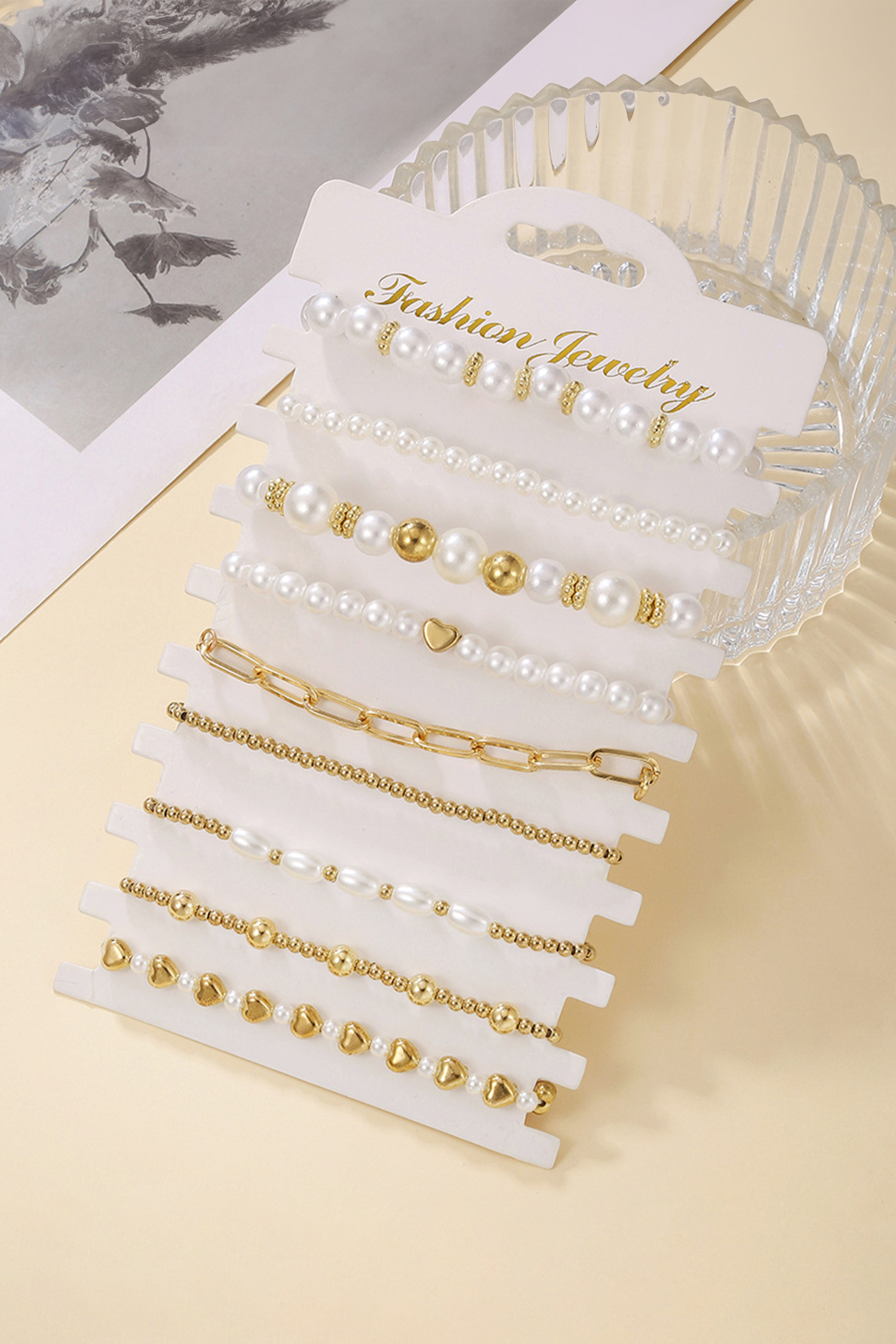 Gold 9-Piece Mixed Faux Pearl Bead Stretch Bracelet Set
