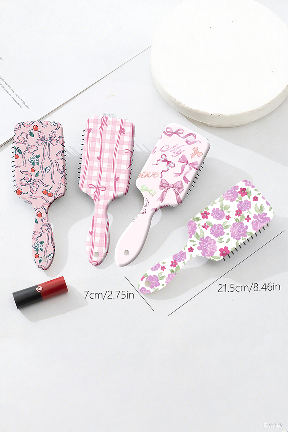 White Peony Flower Print Large Paddle Air Cushion Comb