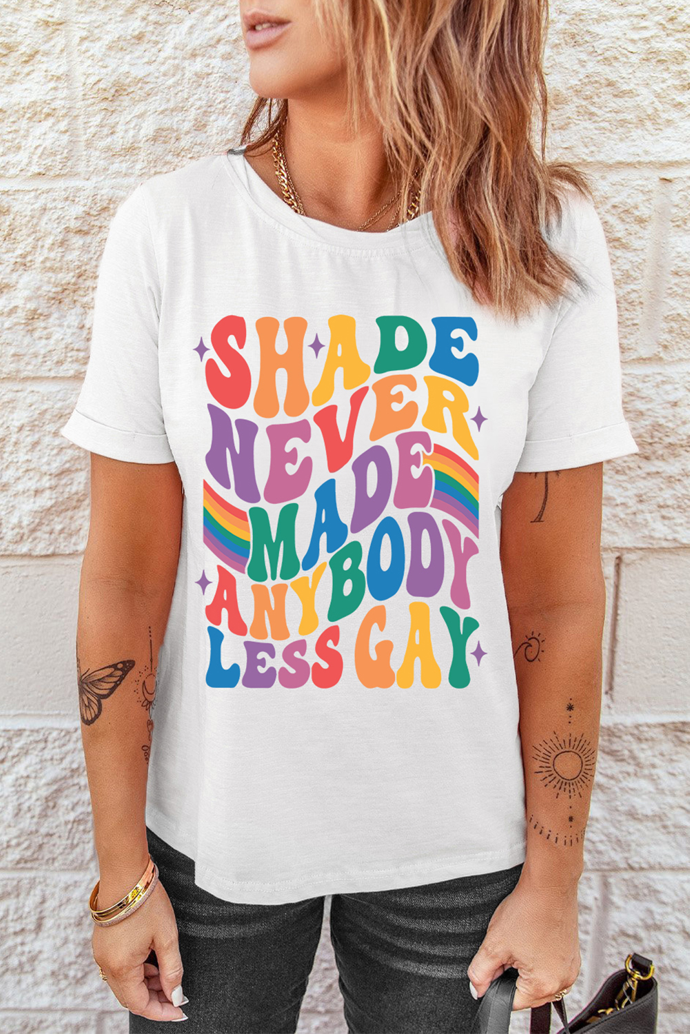 White SHADE NEVER MADE ANYBODY LESS GAY Pride Graphic Tee