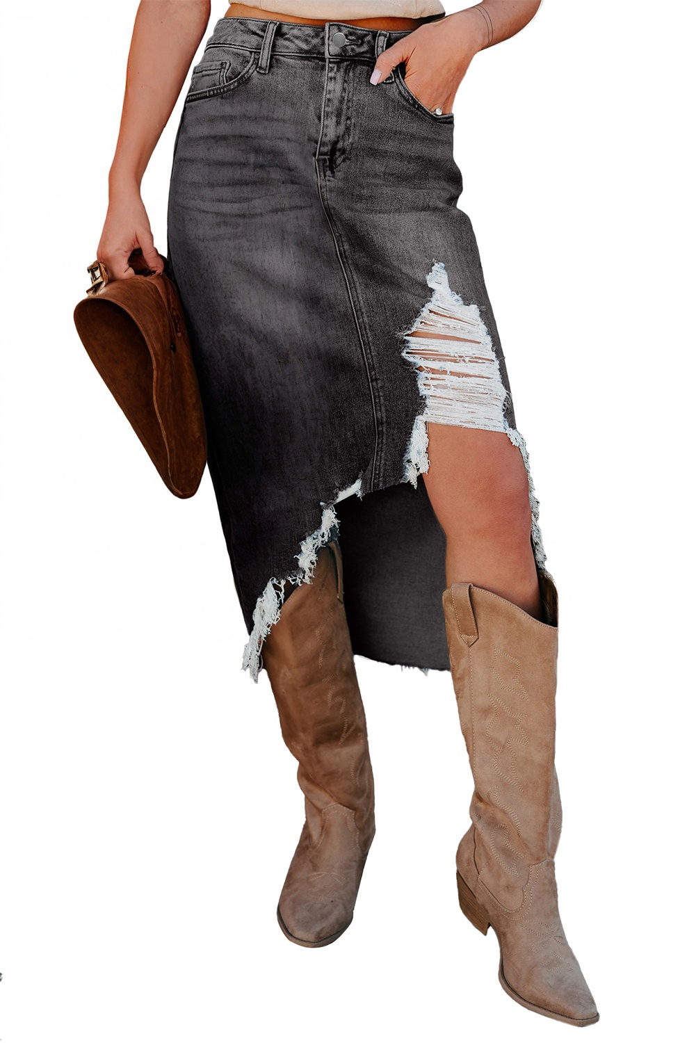 Sail Blue Dearlove Irregular Distressed Bottom Denim Midi Skirt