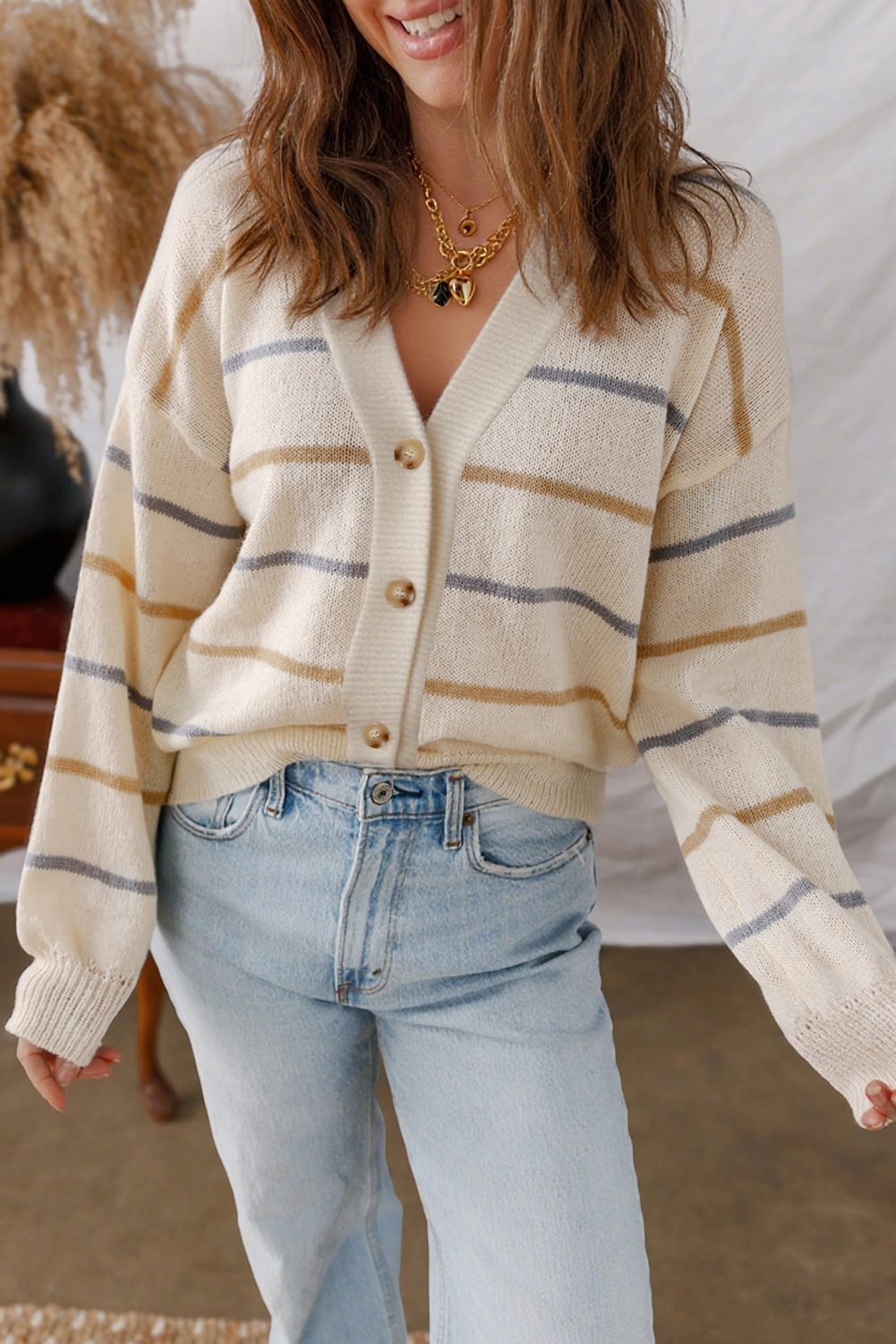 Multicolour Striped Buttoned Front V Neck Drop Shoulder Cardigan Sweater