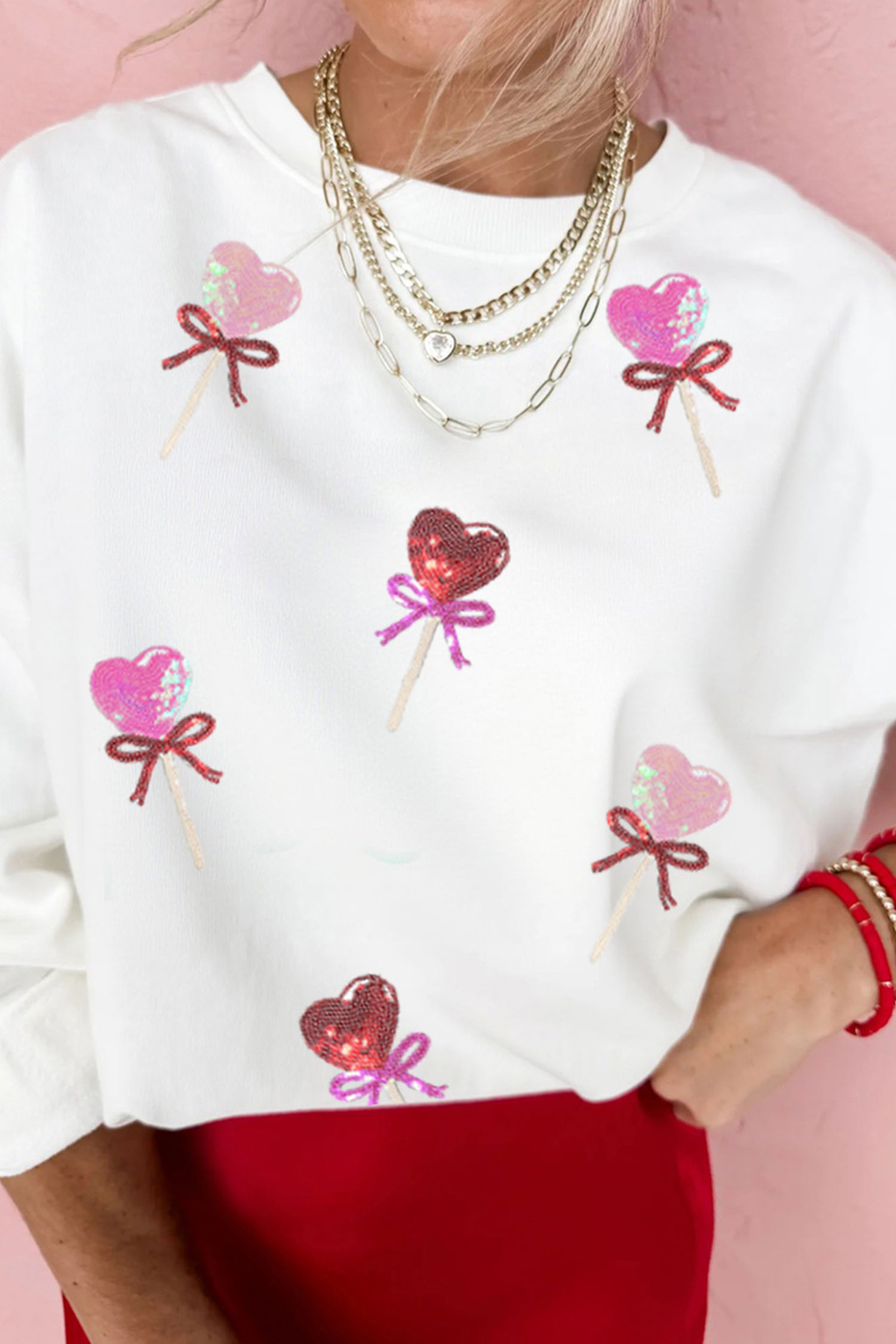 White Sequin Bow Heart Shape Lolly Valentines Day Graphic Sweatshirt
